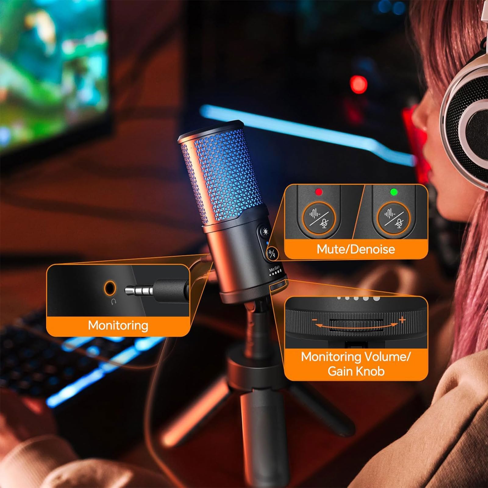 Fabater EJoy UNI S Gamingowy Mikrofon USB do Komputera PC, Mikrofon Pojemnościowy RGB z redukcją Szumów, Stojak Trójnóg, do Transmisji Strumieniowej Gier