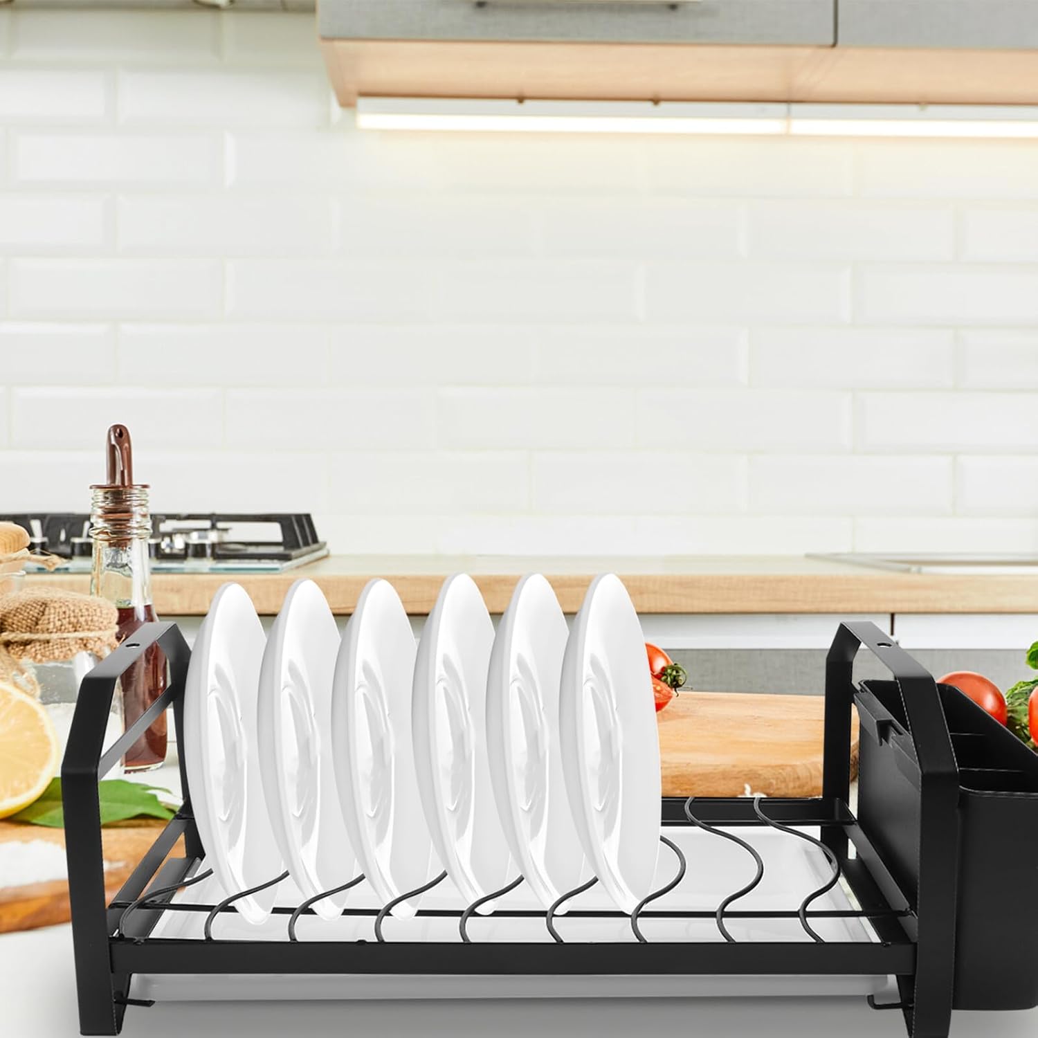 Mipcase Black Dish Drying Rack with Drainboard and Chopstick Holder, Small Kitchen Dish Rack for Sink Counter Storage, Stainless Steel Water Drainage Organizer for Home Kitchen