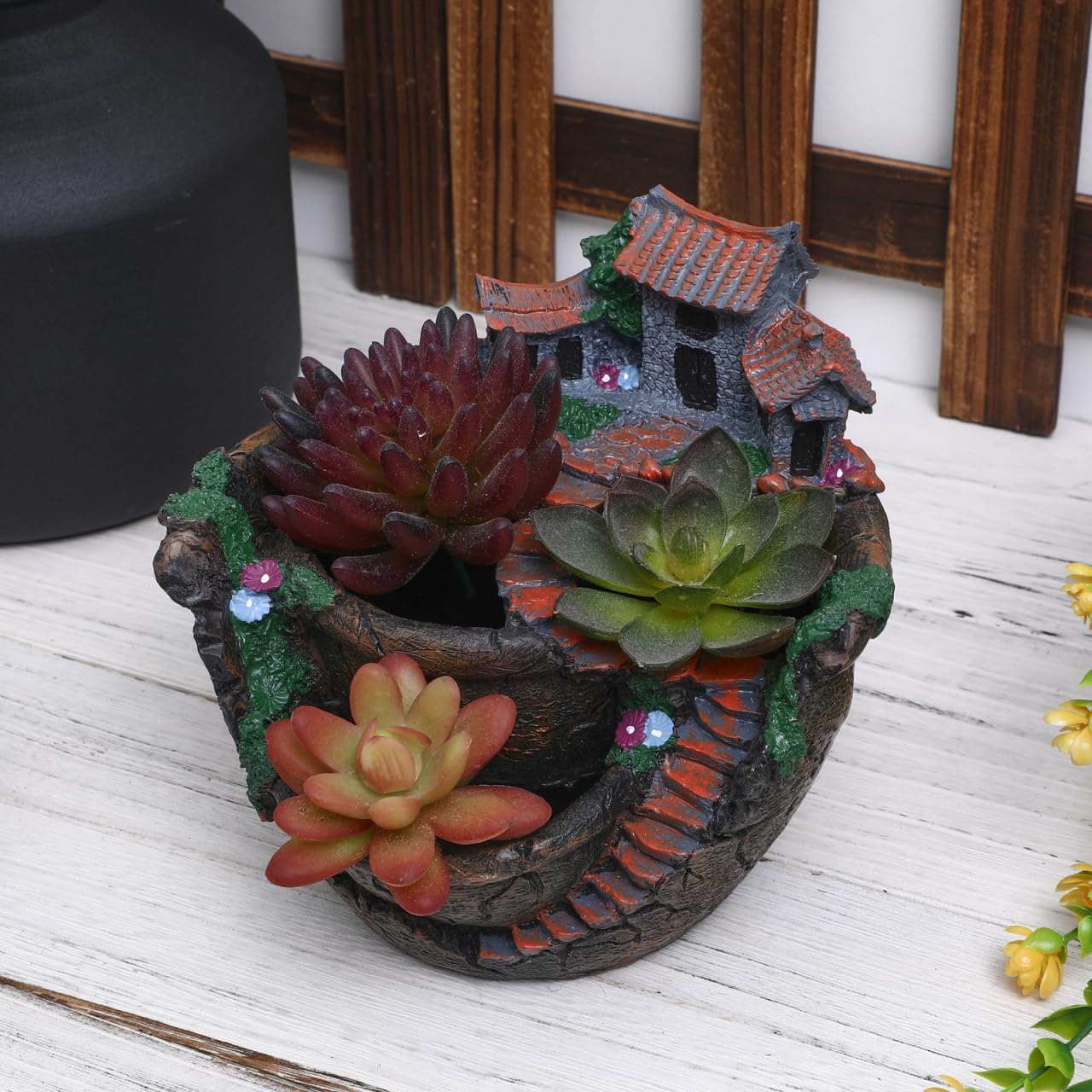 OUNONA Fairy Garden Planter, Creative Flower Pot Holders Hanging Garden Design with Sweet House Micro Landscape Succulent Plant 3-Pot Planter for Indoor Outdoor Desk Balcony Decor