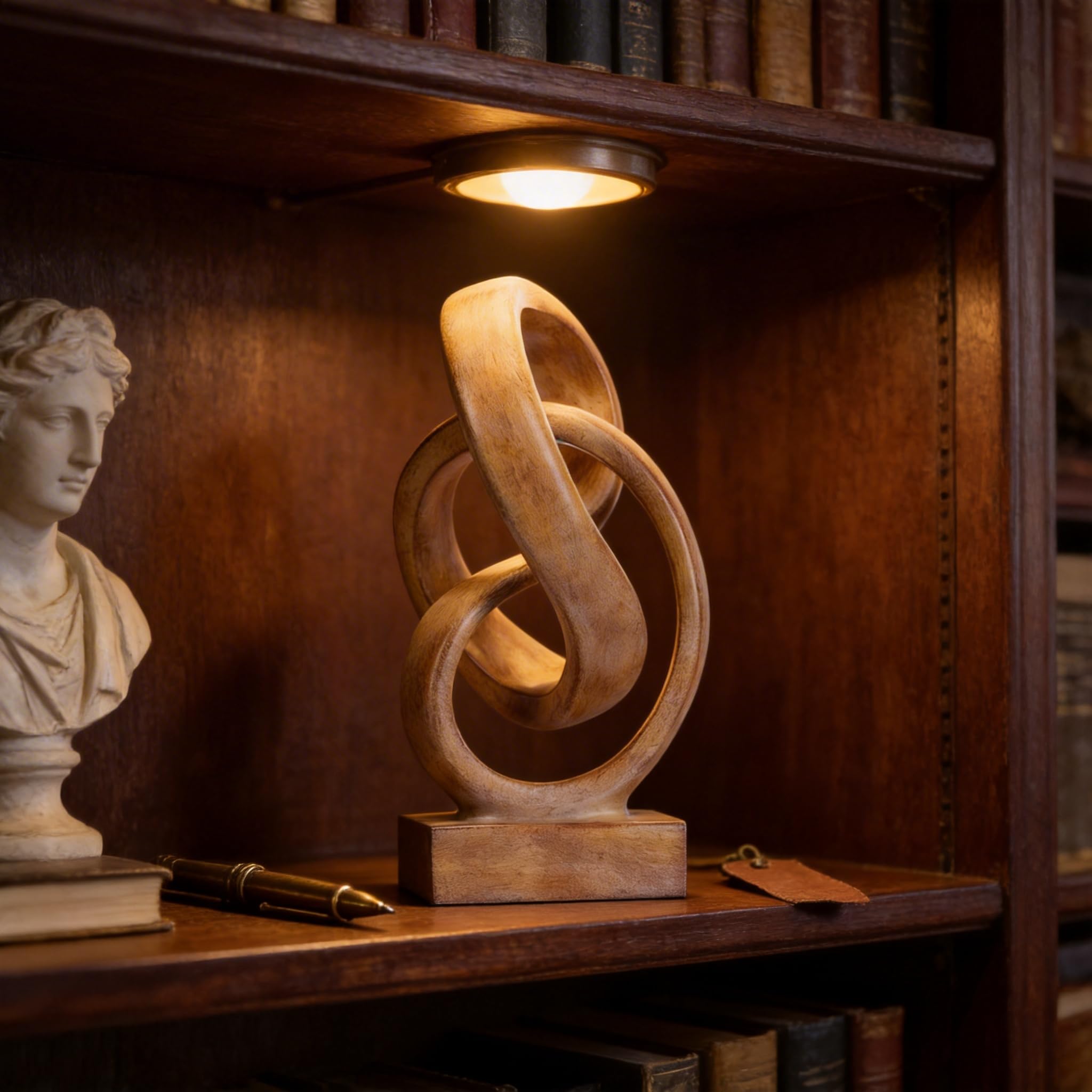 WUBIANJIE Moderne abstrakte Knotenskulptur, künstlerisch von Mobius inspirierte Harzdekoration, elegante Dekoration für Zuhause und Büro, Holzfarbe