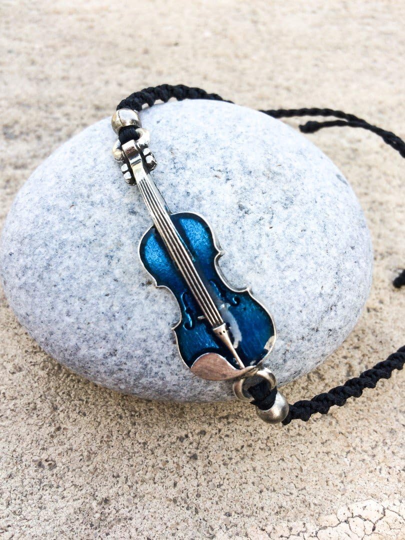 Blue Violin bracelet, Handmade glaze Violin macrame bracelet, Adjustable bracelet, Musical bracelet. waterproof, musician gift