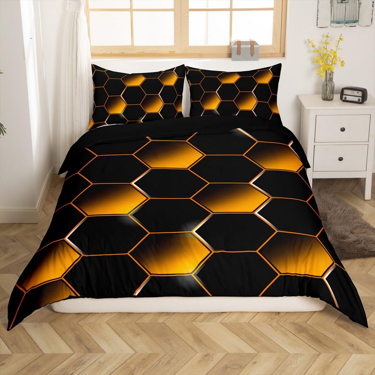 Parure de lit 3D hexagonale orange néon et noir en taille 200 x 200 cm