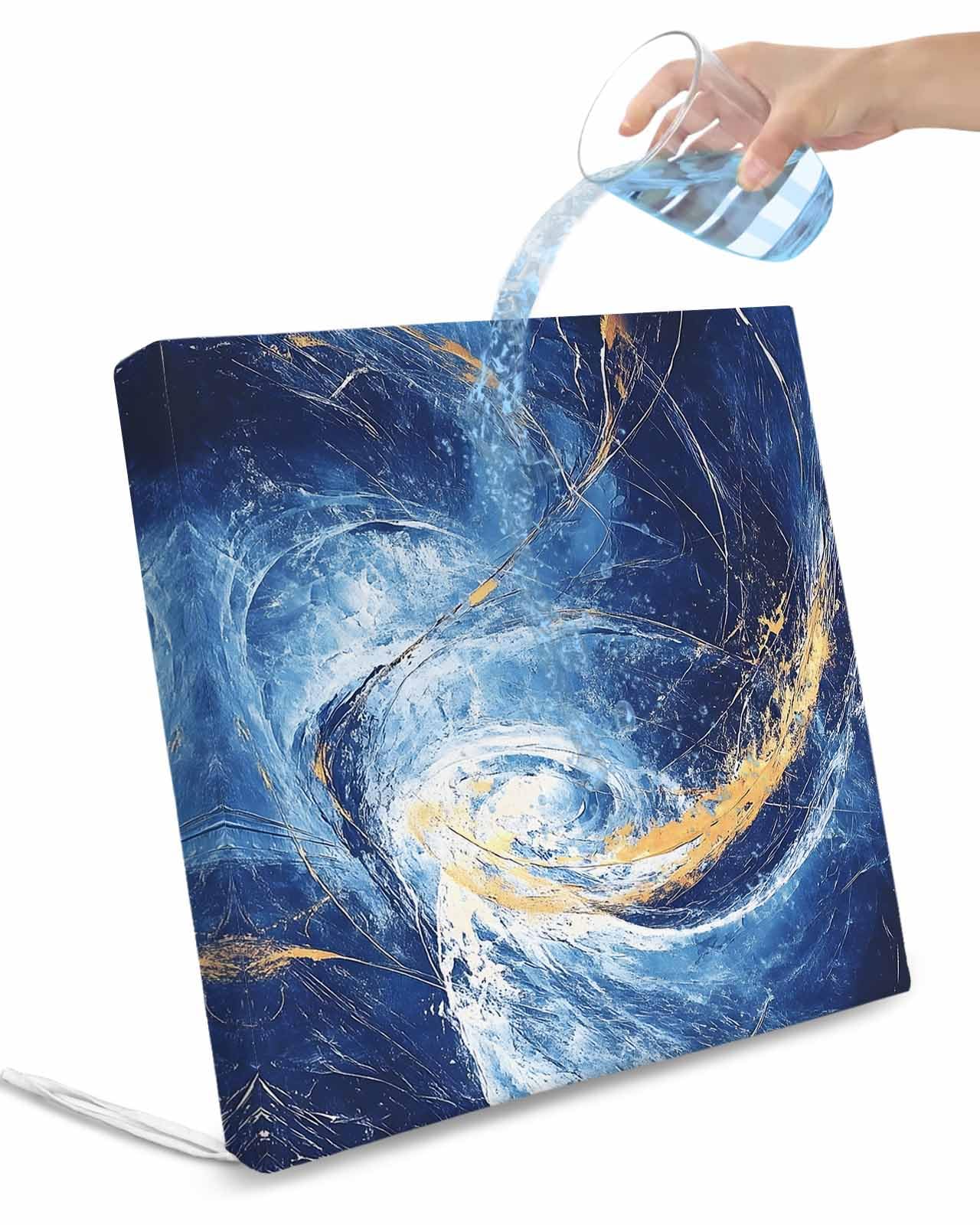 2 Pack Blue Gold Ocean Waterproof Cushion Covers with Ties, Outdoor Patio Chaise Lounge Chair Seat Cushion Slip Covers Replacement(Only Cover) Summer Modern Coastal Wave 22