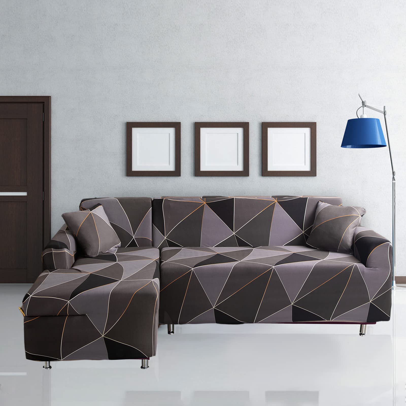 Jaotto Copridivano con Penisola Elasticizzato A Sinistra Destra, Fodere Copridivano Angolare Universale, Copri Divano Chaise Longue a Forma di L (1 posto+2 posti, geometria marrone)