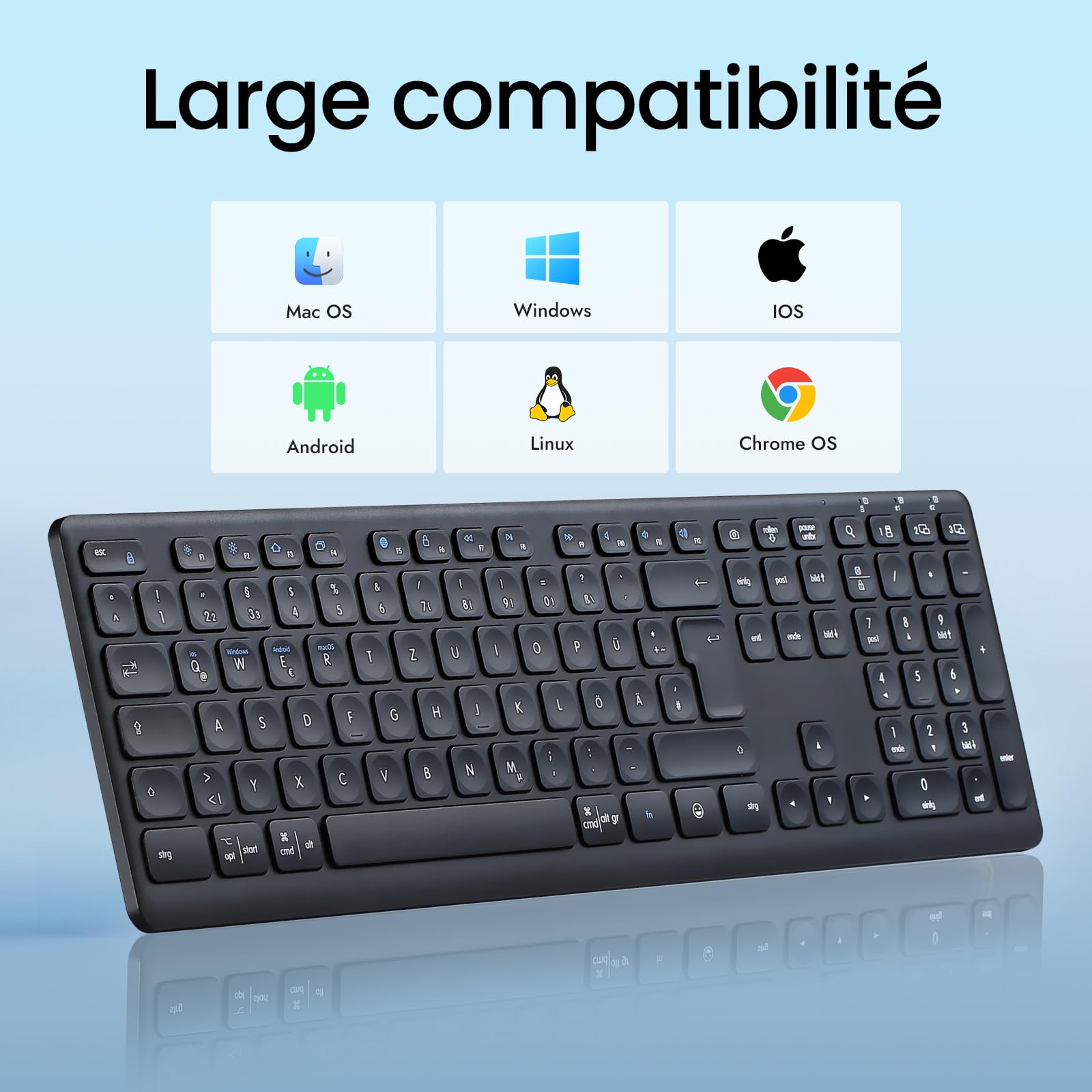 CITLLA K9300 Clavier sans Fil Bluetooth, Clavier Silencieux Multi-appareils pour Windows, Taille Normale, pavé Numérique, Touches Multimédias, Longue Batterie Durée, Compatible avec Ordinateur, PC