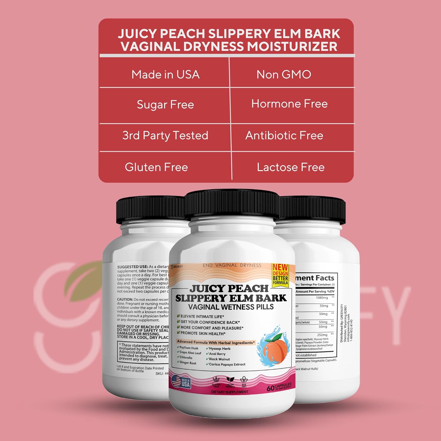 Juicy Peach Slippery Elm Bark Vaginal Dryness Moisturizer, Feminine Care for Women, End Vaginal Dryness with Slippery Elm Bark | Feminine Care for Vaginal Health, Made in USA, 180 Cap