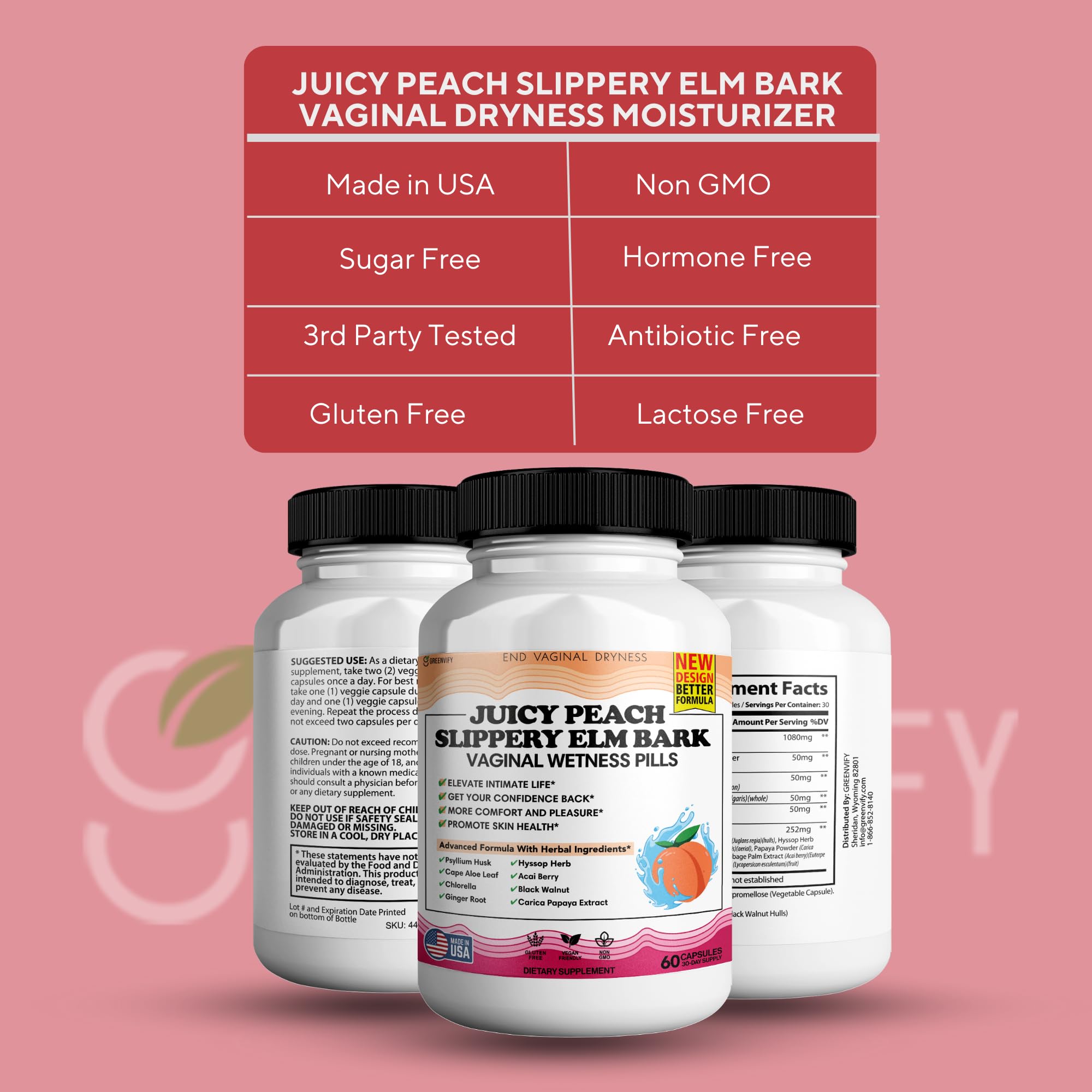 Juicy Peach Slippery Elm Bark Vaginal Dryness Moisturizer, Feminine Care for Women, End Vaginal Dryness with Slippery Elm Bark | Feminine Care for Vaginal Health, Made in USA, 60 Cap