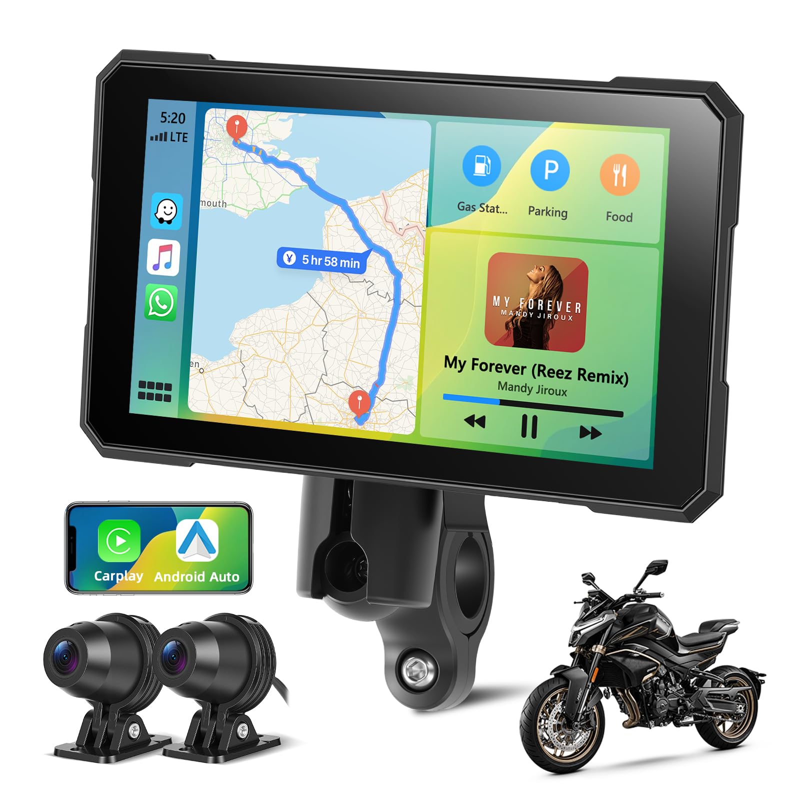 CarPlay Écran Portable Carplay pour Moto, sans Fil Android Auto pour Moto, 5 Pouces Écran Tactile Étanche avec Bluetooth, Navigation GPS, Siri/G00gle Assistant, IP67