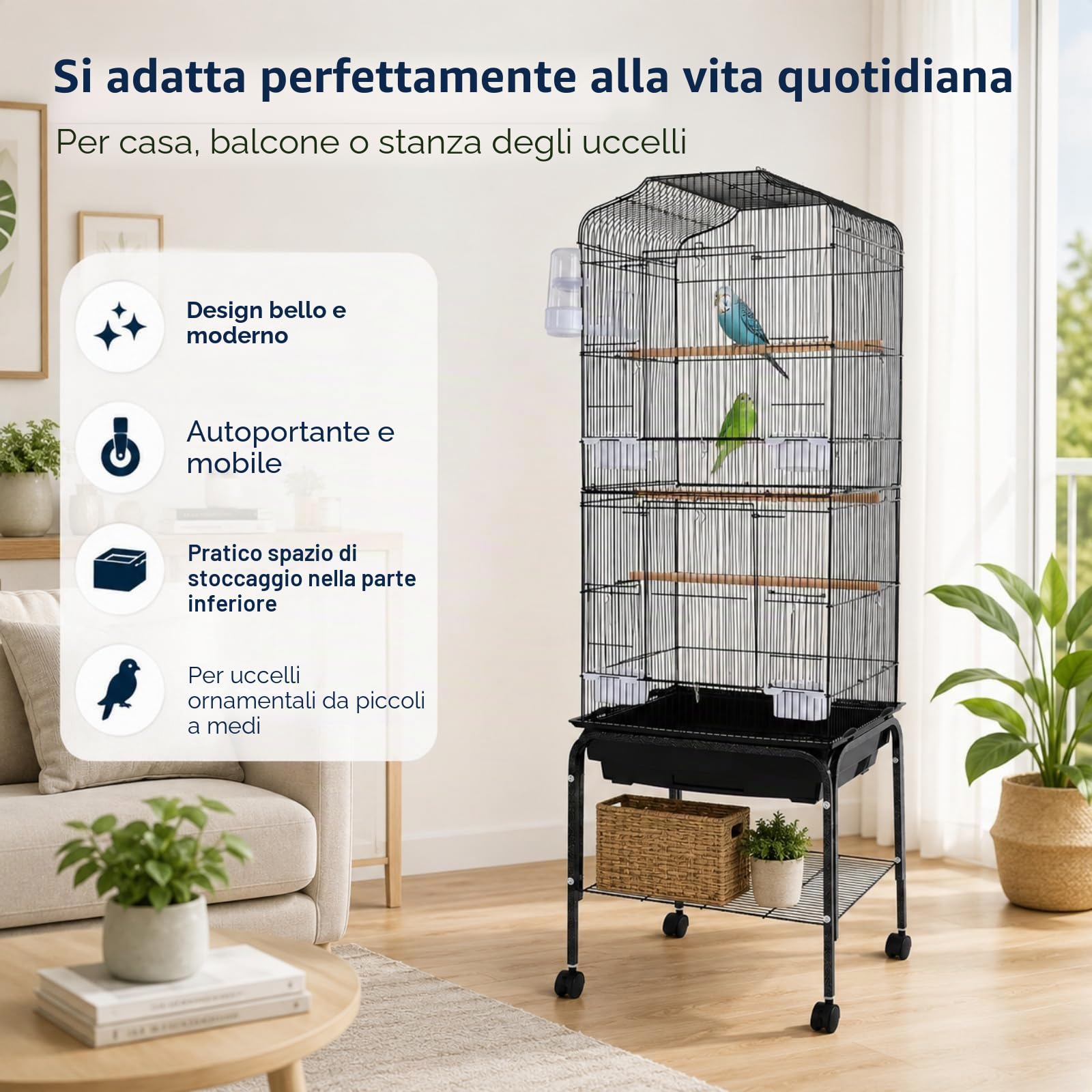 Gabbia per uccelli grande, 47 x 37 x 137,5 cm, per uccelli con ruote, casetta per uccelli con 4 mangiatoie e ciotola per pappagallini, pappagallini