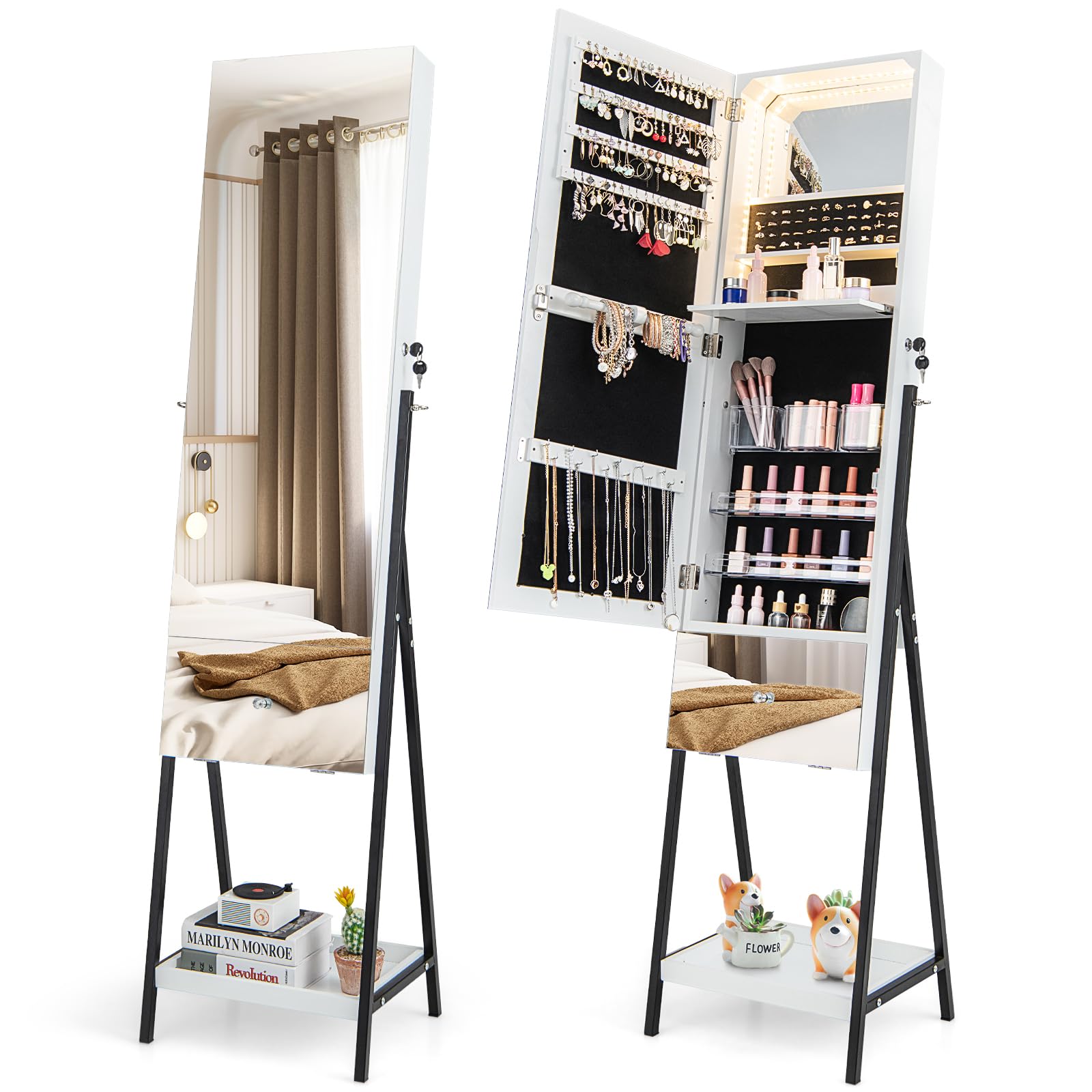 RELAX4LIFE Specchio Portagioie da Terra, Armadietto Portagioie con Specchio a Figura Intera, Cassetto e Ripiano, Fibbia Magnetica, Organizzatore per Gioielli e Accessori (Bianco, 35x41x166cm)