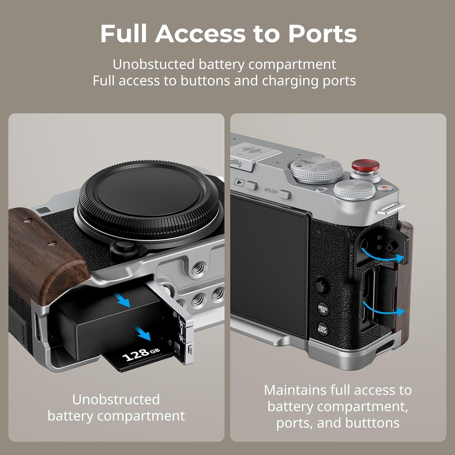 SMALLRIG X-M5 Wooden Handgrip L-Shape Grip for FUJIFILM X-M5, Built-in Quick Release Plate for Arca, Ergonomic Wood Side Handle, Include Windshield with Cold Shoe Adapter,Plate for Arca (Silver)-5261 - Image 3