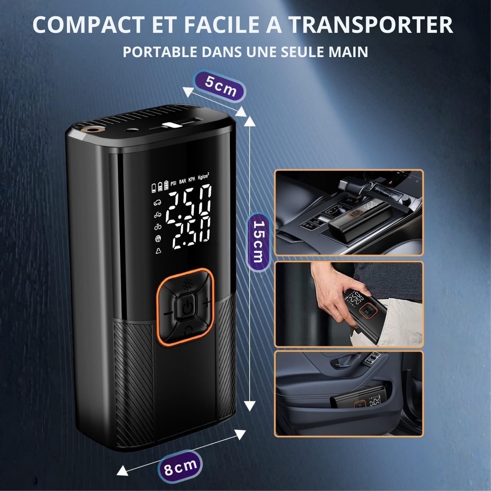 OSHUN Gonfleur Pneus Voiture sans Fil Mini Compresseur à Air Portatif 150 PSI (10,3 Bar) Inflation Rapide Gonfleur Electrique Puissance 100W Cylindre 19 mm Affiche 2 Valeur avec 3M Allume-Cigare 12V