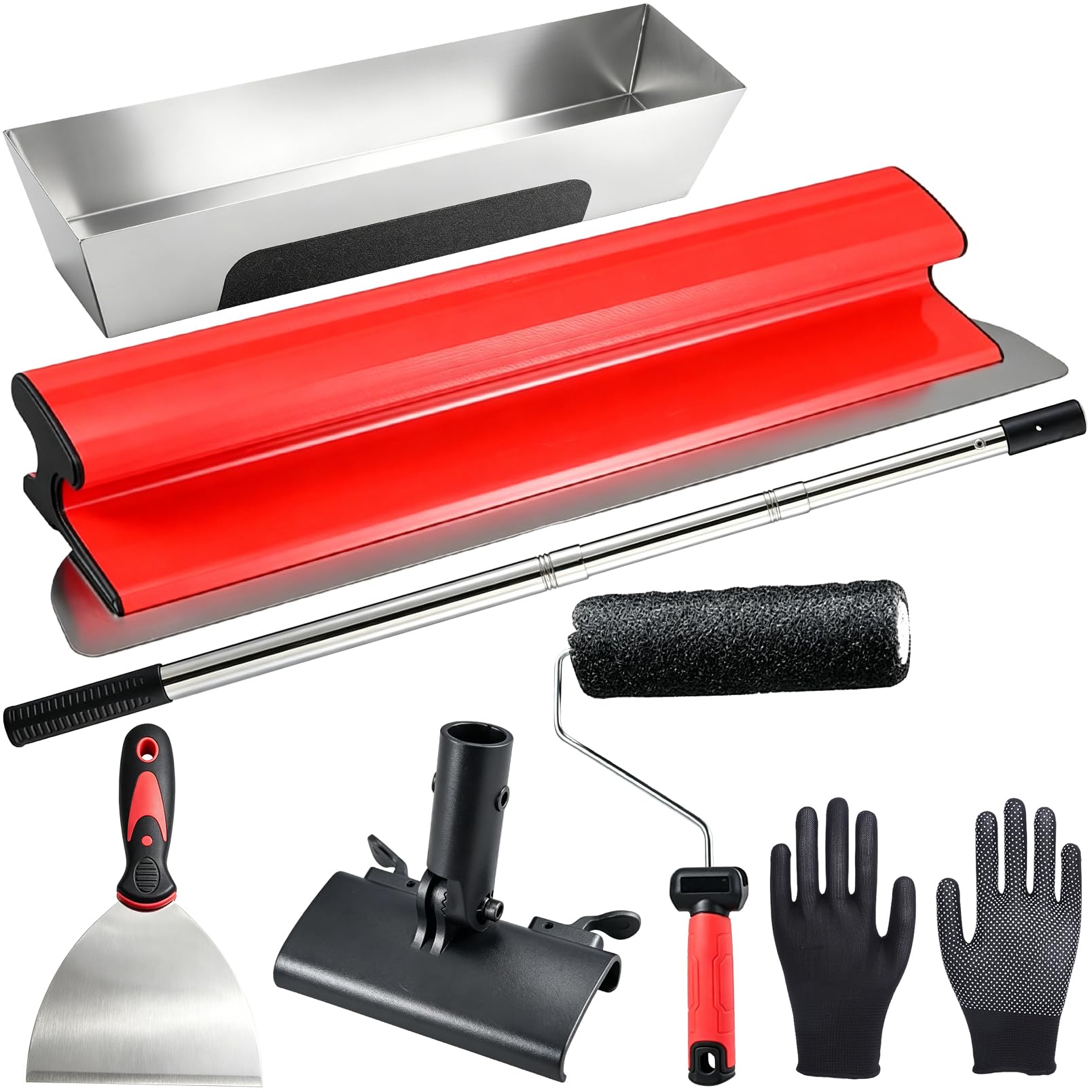 6 Piezas Set para Alisado de Drywall, Kit de Espátula de Alisado de 50 cm con Rodillo Alisador, Herramientas de Acero Inoxidable con Mango Telescópico, Para el Enlucido de Techos y Paredes