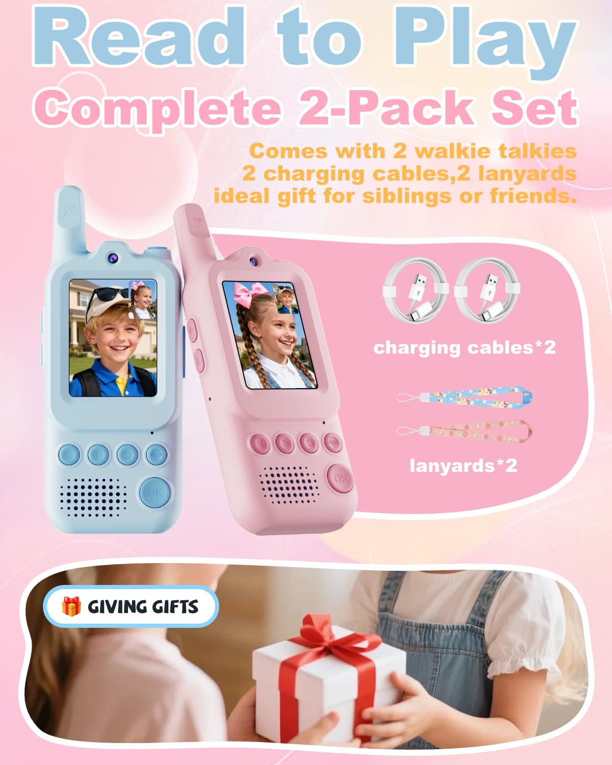 Video Walkie Talkies for Kids 2 Pack Rechargeable Video Intercom with Voice Changer, 1300FT Long Range Radios, Camping Hiking Toys, Birthday Gifts for Boys Girls Ages 3-12 (Pink&Blue)
