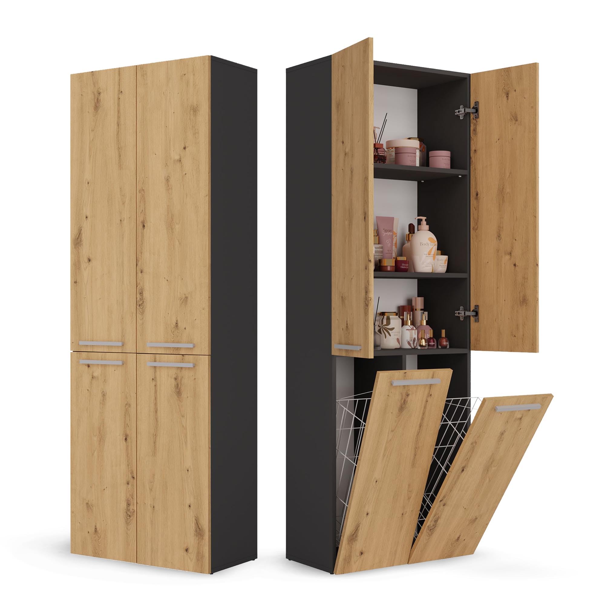 CDF NEL 2K DD Bathroom Tall Cabinet, Colour: Oak Artisan/Anthracite, Modern Bathroom Shelf, Storage Cabinet, Spacious Shelves, Doors, Easy Assembly, 2 Laundry Baskets, Stylish Handles