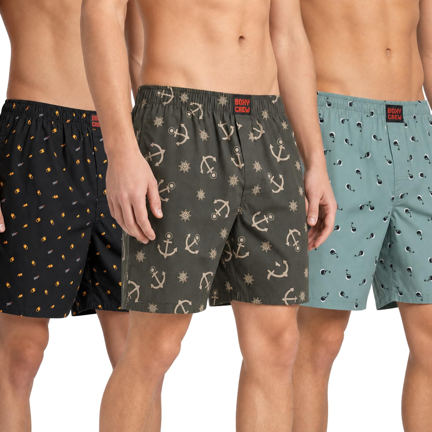 Men's 100% Cotton Printed Boxer Shorts Pack of 3 with Dual Side Pockets and Fabric-Covered Waistband - Black/Olive/Green, Styles MBX016, MBX020, MBX023-image-26