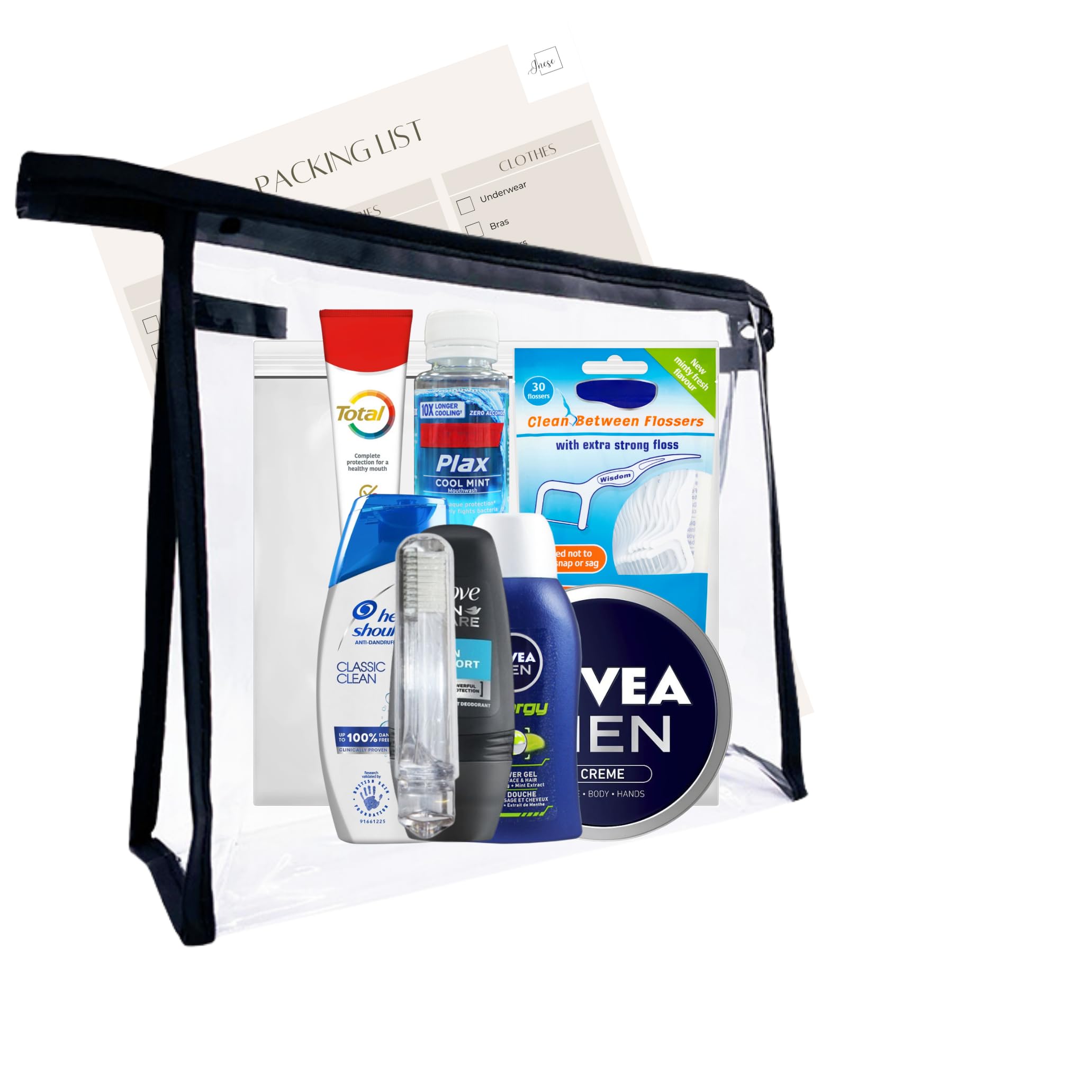 Men's Travel Toiletries Set - Mini Toiletry for Hospital, Over Night Stay - Airport Security Approved Liquids in Clear Travel Wash Bag