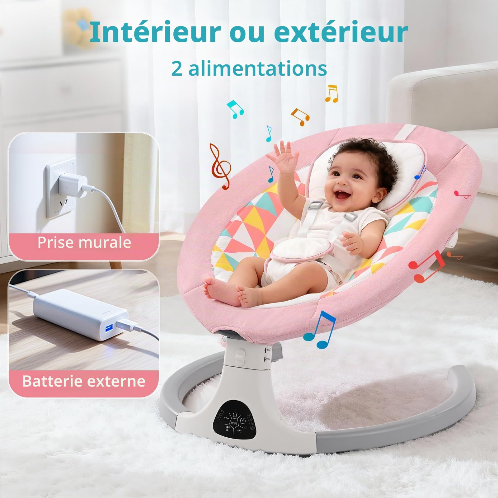 Bebe Balancelle Électrique avec Bluetooth, 5 Vitesses, 3 Angles, Télécommande, Écran Tactile et Plateau Amovible (Rose)
