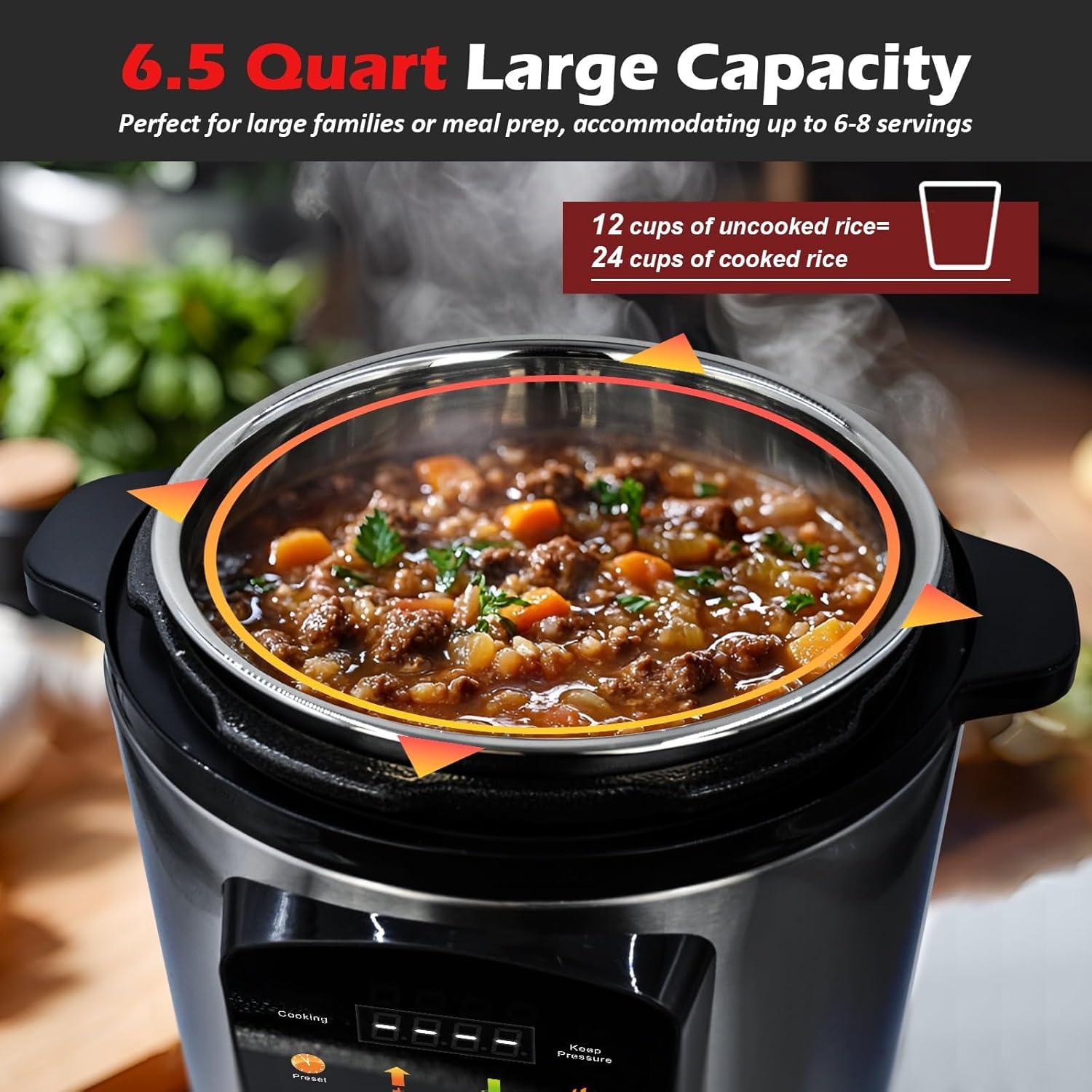 Chefvia 6.5 Quart 8-in-1 Electric Pressure Cooker – Stainless Steel Multi-Cooker With LED Display, Slow Cook, Rice, Steam, Sauté & Warm Functions – Black & Silver Kitchen Appliance