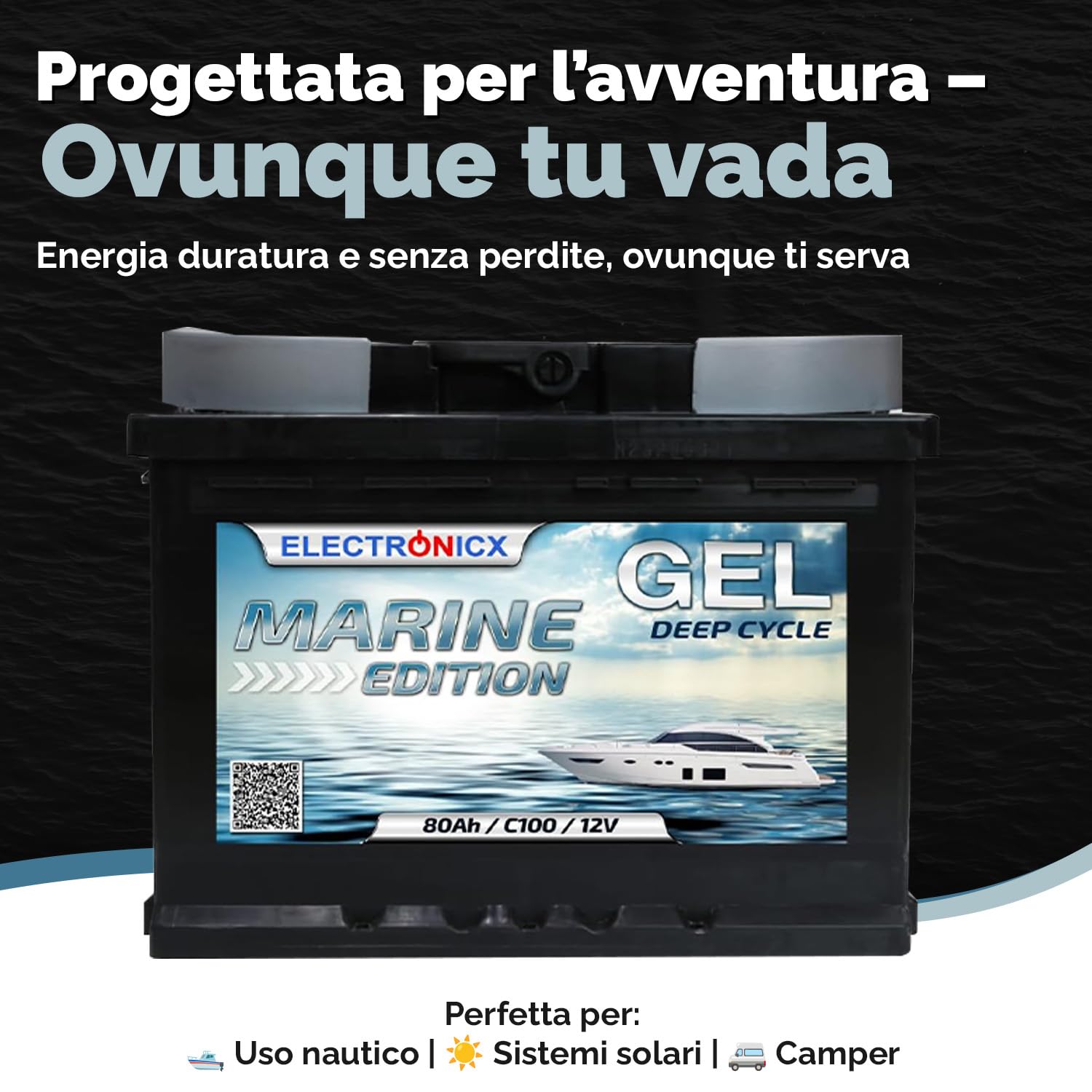 Electronicx batteria di alimentazione 12V 80Ah GEL, 80 AH senza manutenzione & sigillata. Ciclica per solare, barca, camper, carrello elevatore. Dimensioni 242×175×190 mm. Con polo positivo a destra