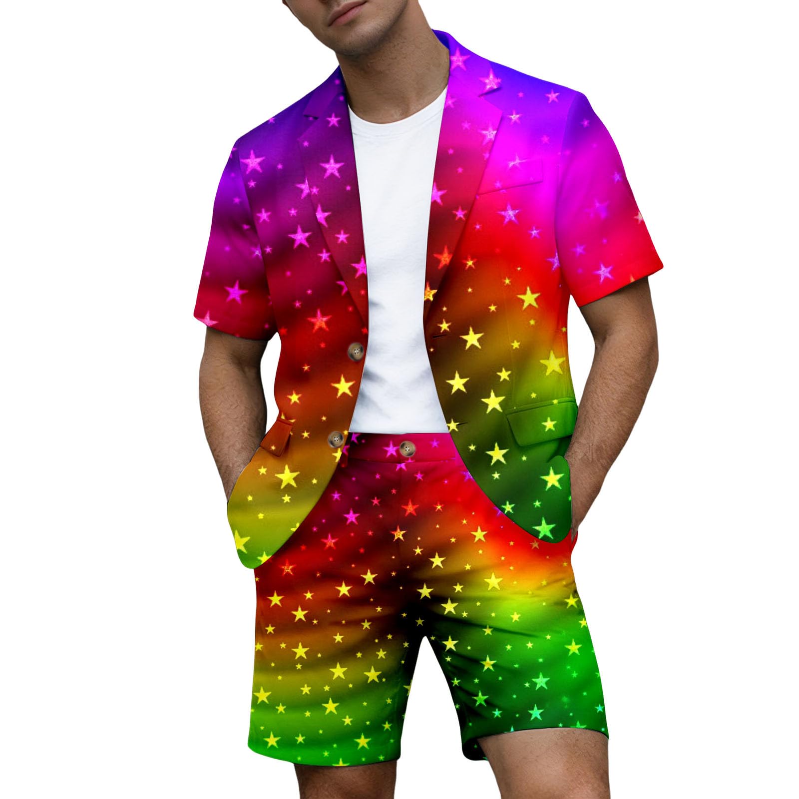 Conjunto chaqueta de traje manga corta hombre estampado arco iris 2 piezas pantalones cortos para playa orgullo gay