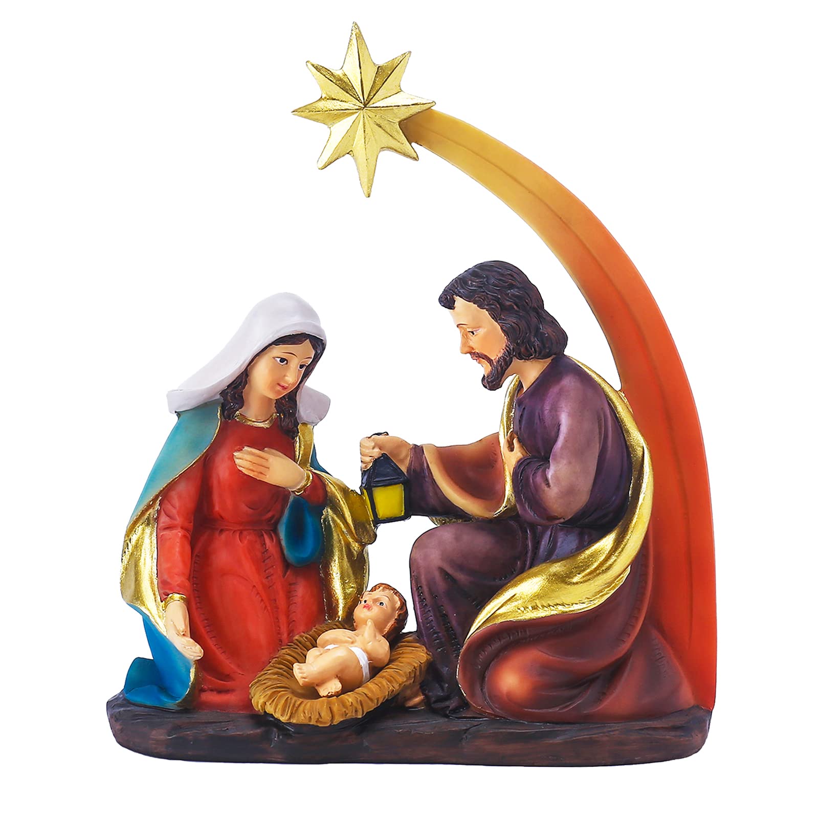 Miyolo Holy Family Figurine Christmas Nativity Scene Jesus Birth Joseph Mary Sculpted Hand-Painted Statue with Bethlehem Star Religious Inspiration Gift Collection Tabletop Standing Figure Decor, Gold