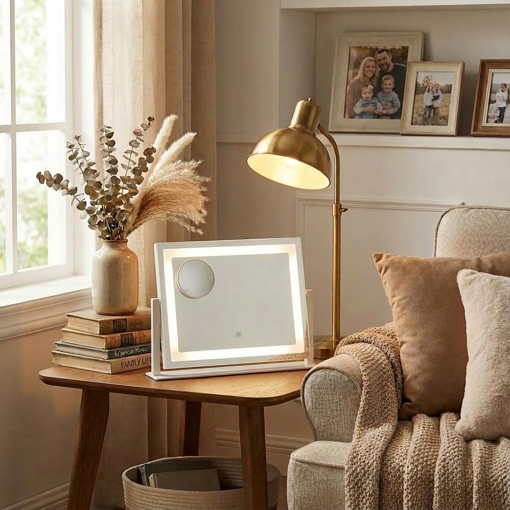 Vanity Mirror with Lights, 12" x 16" Lighted Makeup Mirror with Smart Touch Control, LED Makeup Mirror with 3 Color Lighting Modes, 10X Magnification, 360° Rotation for Tabletop - White