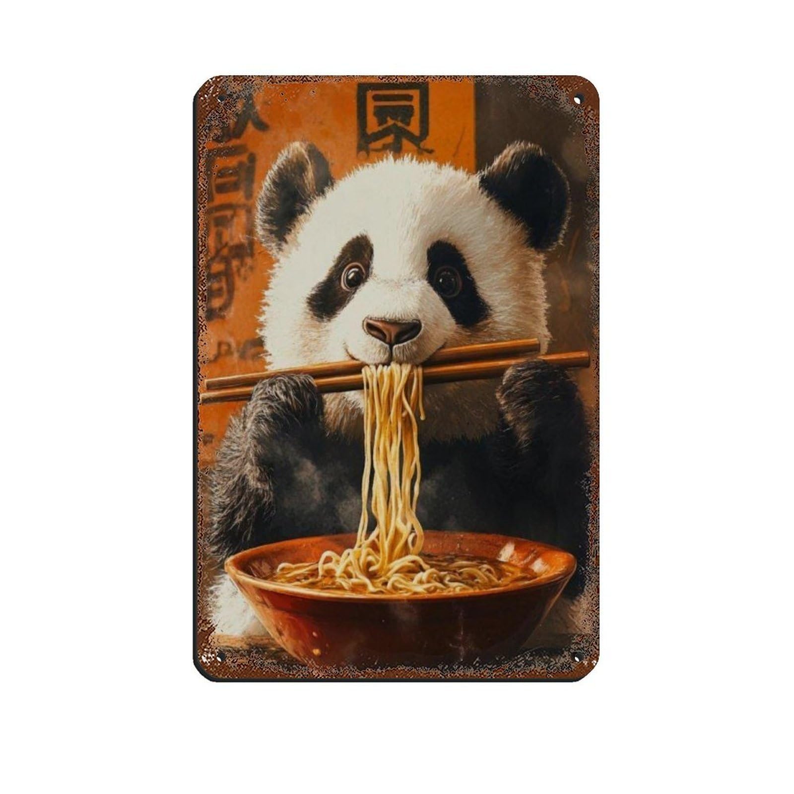 Cute Panda Eating Noodles ArtPoster, Retro Poster Metal Tin Sign Chic Art Retro Iron Painting Bar People Cave Cafe Family Garage Poster Wall Decoration 8x12inch(20x30cm)