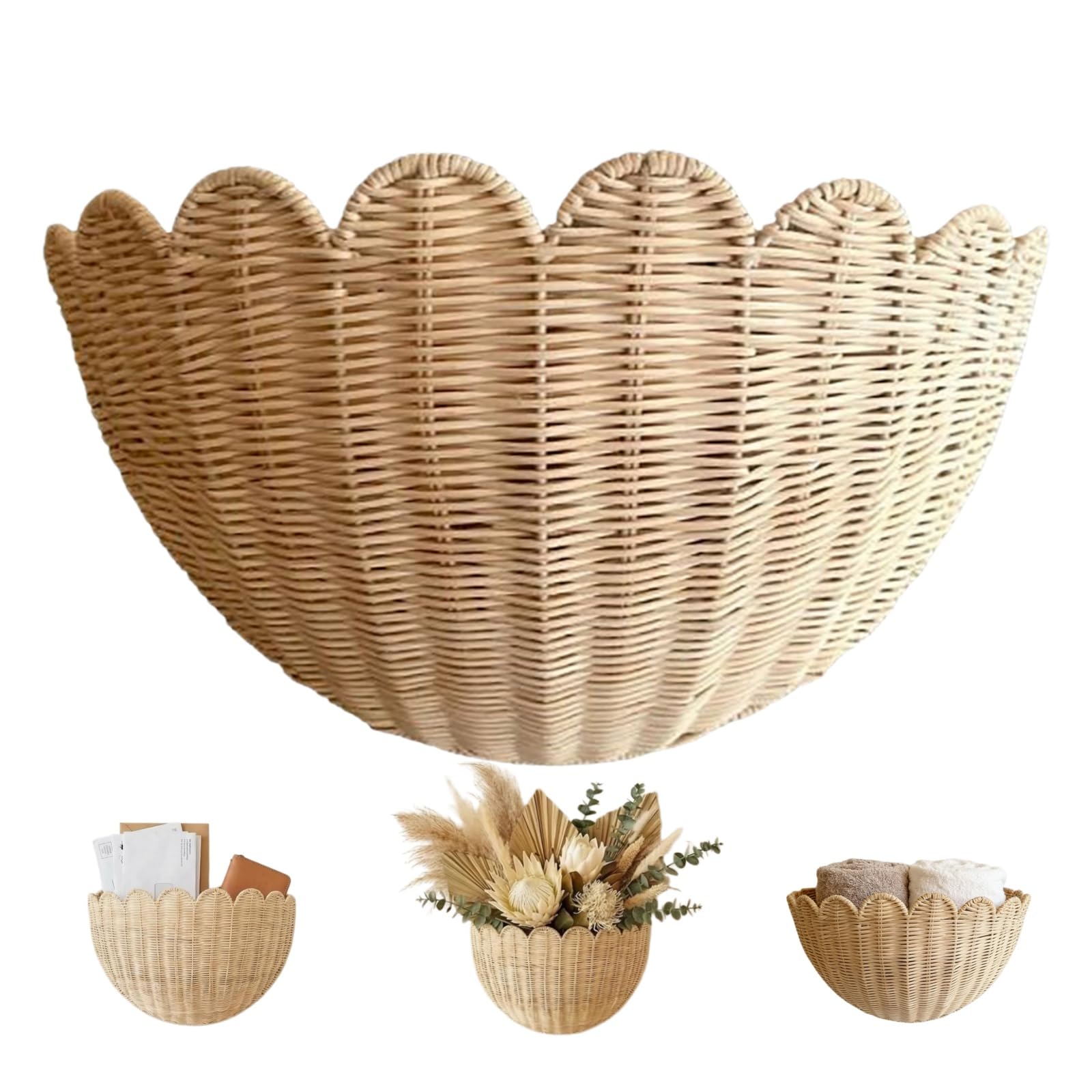 Cesta de mimbre para pared, almacenamiento festoneado rústico para frutas, verduras, plantas, artículos de tocador, decoración ideal para cocina, baño, sala de estar, guardería, 14 x 6 x 8 pulgadas
