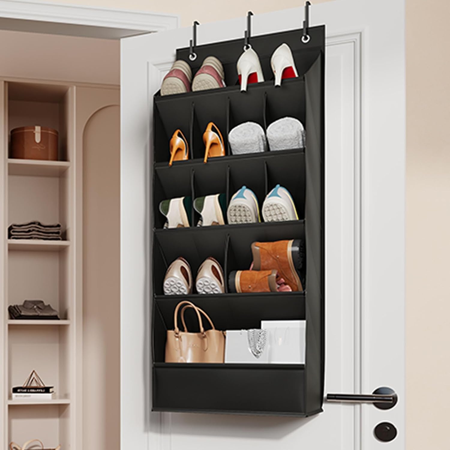 Over The Door Shoe Bag, Oxford Fabric Hanging Storage Holder with 6 Pockets for Closet, Space Saving Shoe Rack for Closet Door, Fits 12 Pairs Shoes (Black)