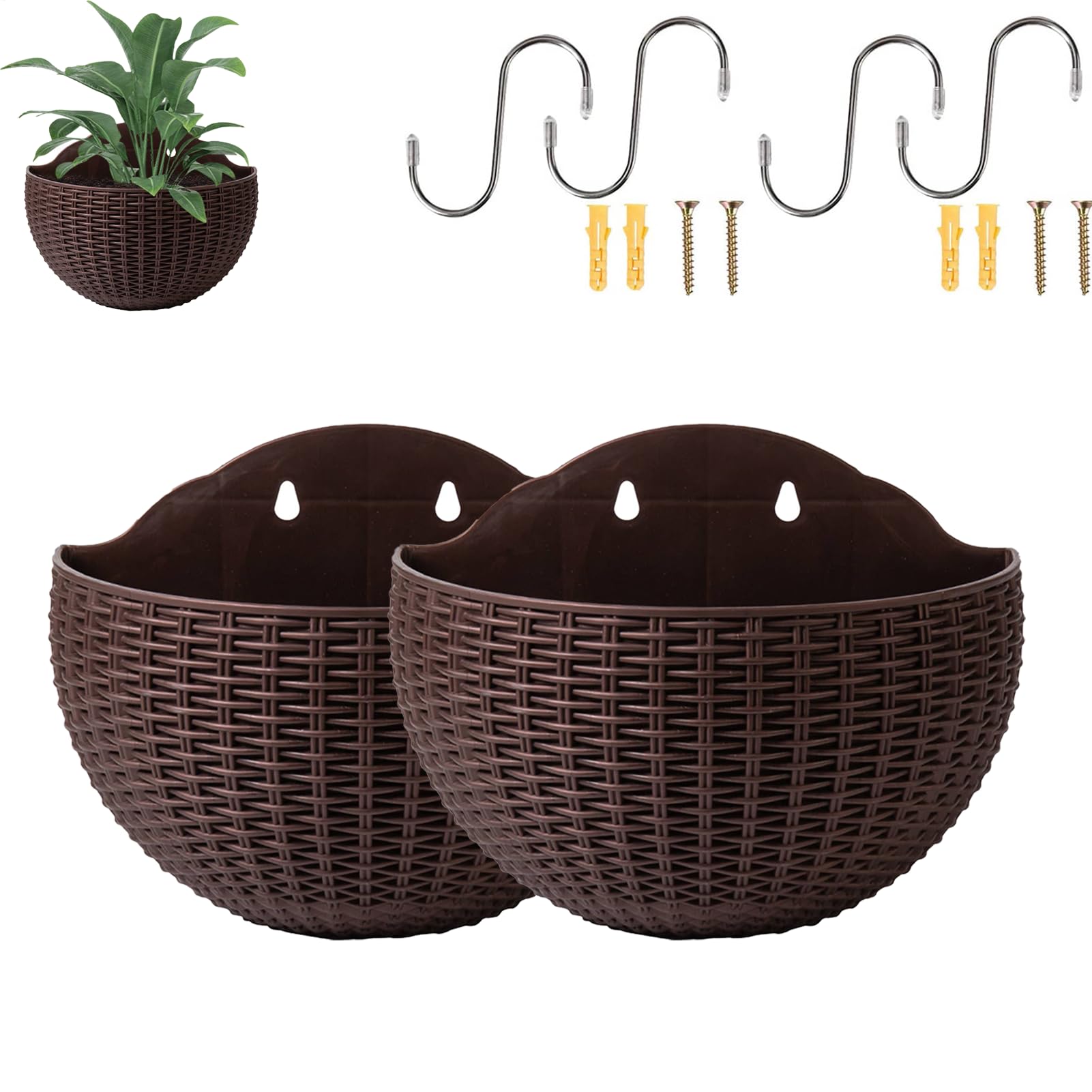 Imitation Rattan Wall Hanging Flower Pot, 2x European Style Semicircle Plant Baskets, Outdoor Garden Hanging Basket with Drainage Hole and 4 Hooks, Self Watering Garden Pots for Balcony Fence Indoor