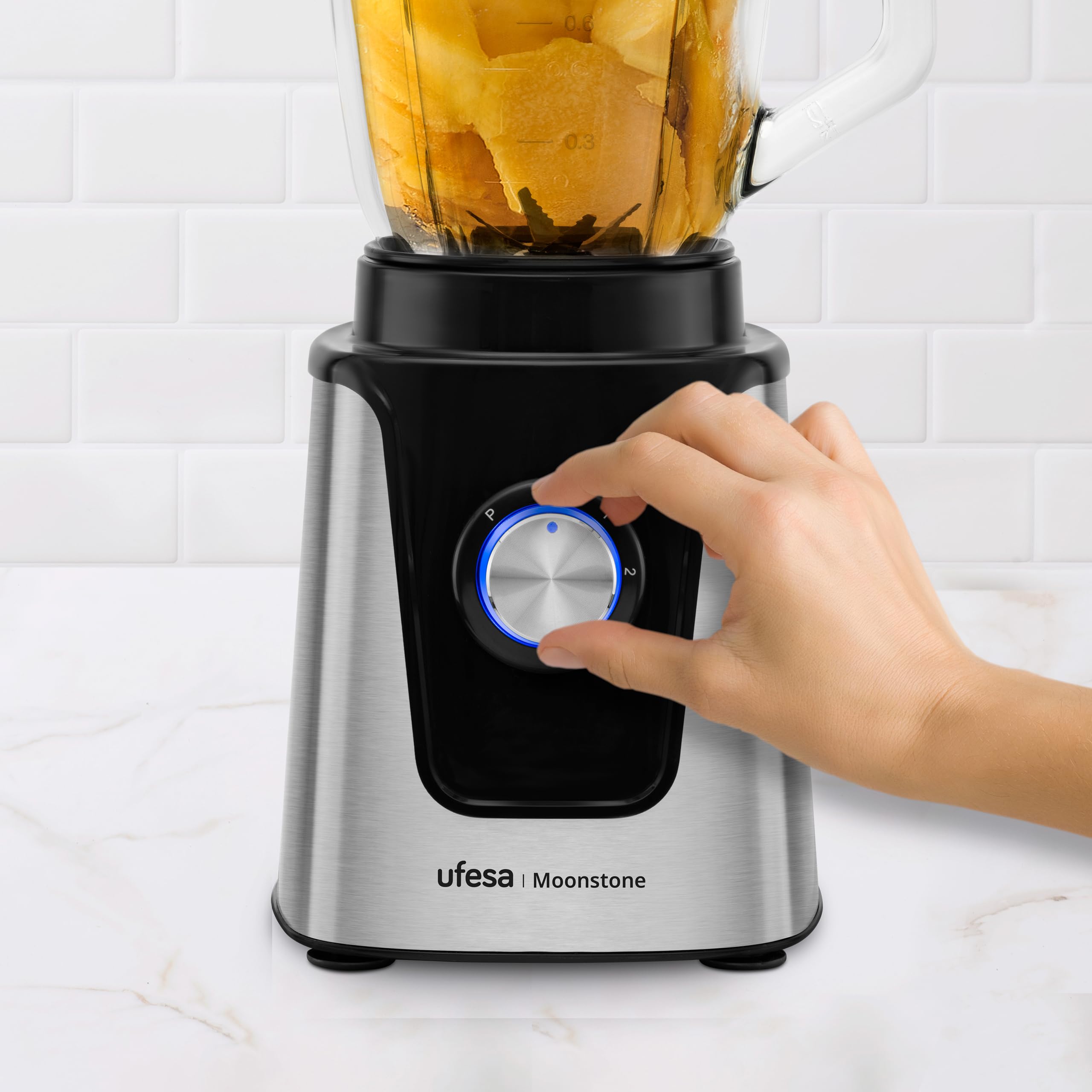 Ufesa Moonstone Blender 1500 W, szklany dzbanek 1,5 l, regulator prędkości z oświetleniem LED, kruszarka do kostek lodu, 6 wyjmowanych noży tytanowych, 2 stopnie prędkości + Turbo