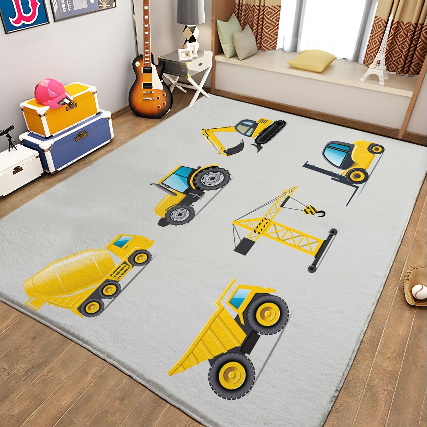 Tappeto Salotto 80 x 150cm Veicolo da costruzione dei cartoni animati Tappeti Camera da Letto, Rug Cucina Antiscivolo Lavabile per Tavolino da Salotto, Bagno, Tappeto Bambini Cameretta