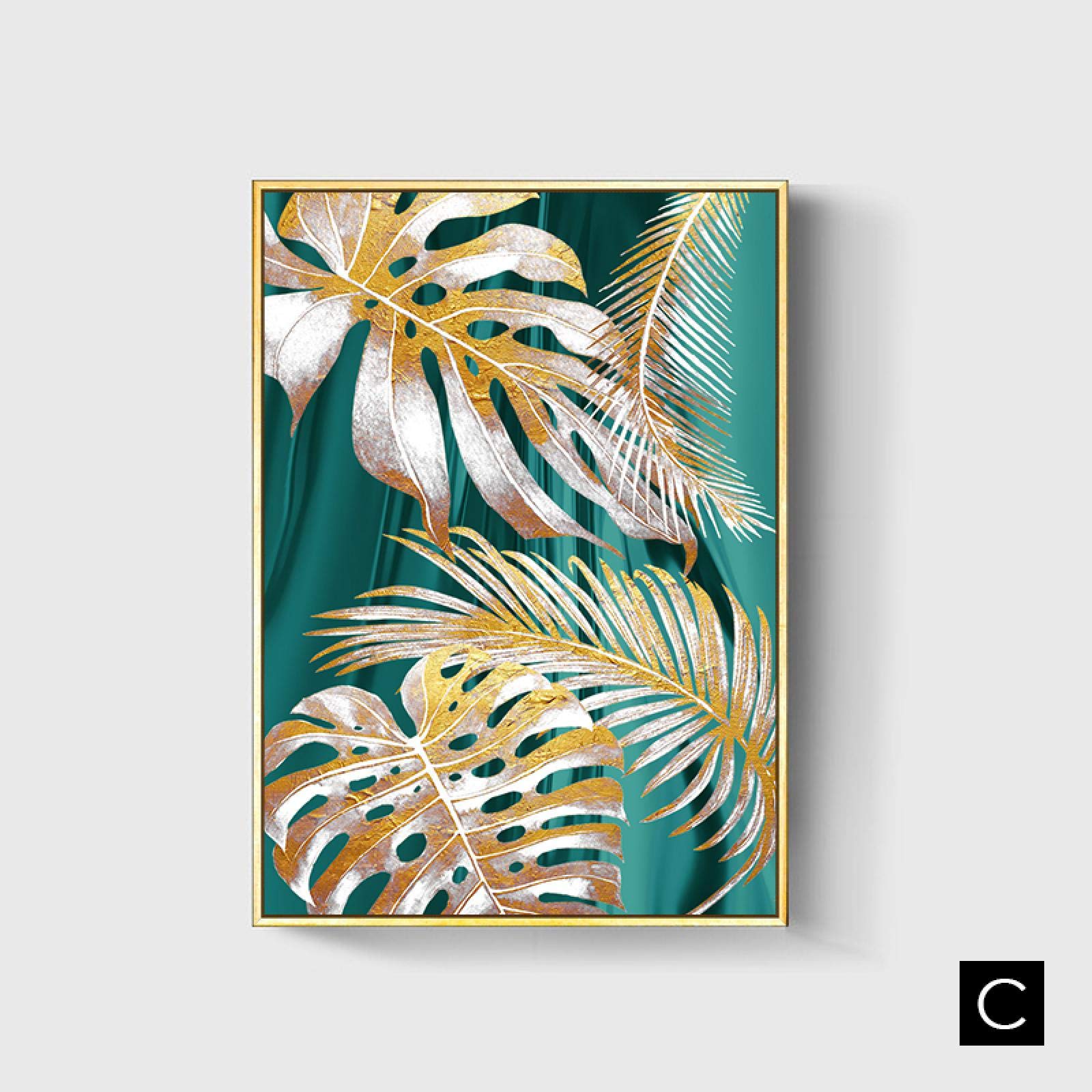 Cartel de hoja de planta de oro amarillo verde azul abstracto Impresión de lienzo nórdico Arte de pared Pintura Imagen moderna Decoración de sala de estar 50x60cm (20x24in) x3 Con marco