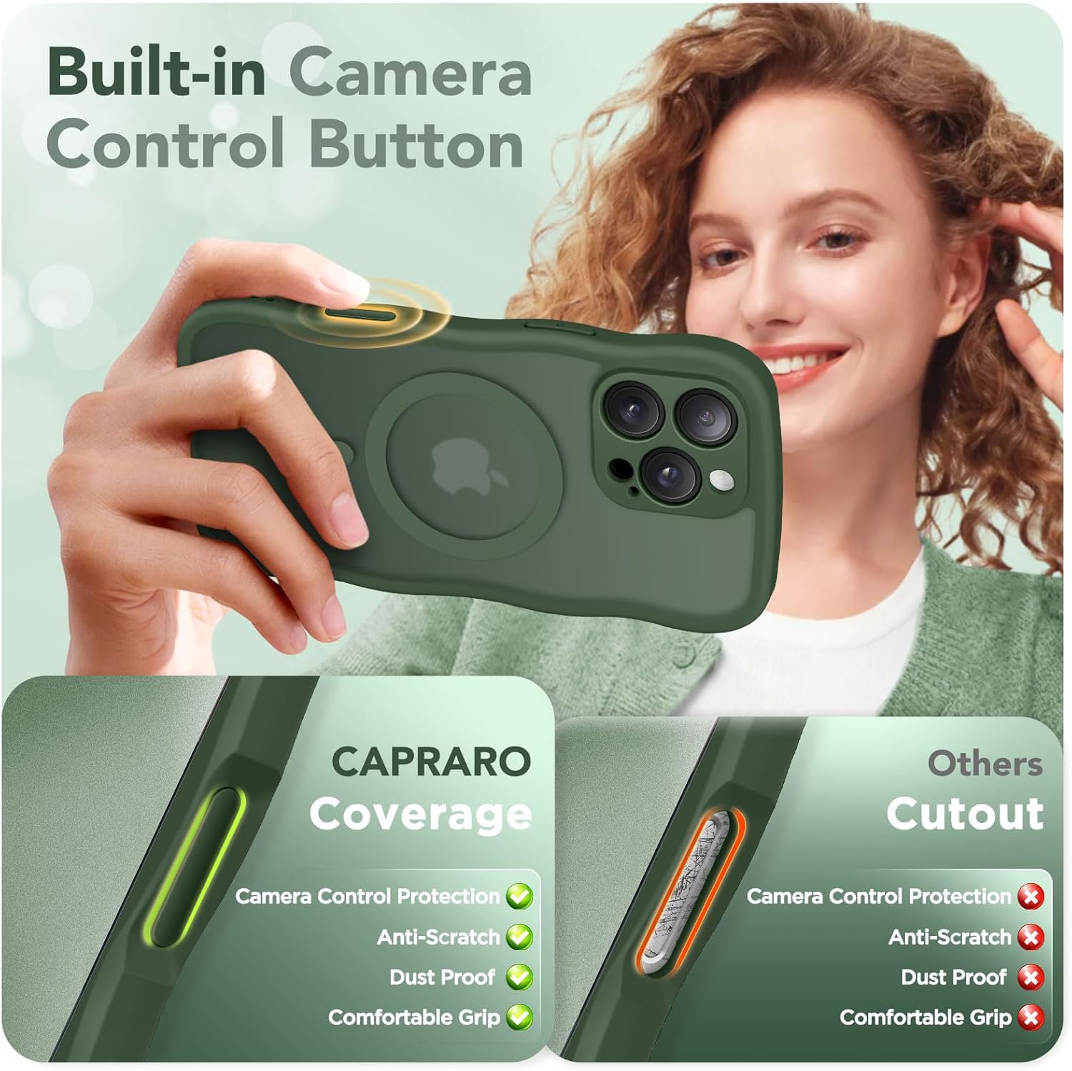 CAPRARO for iPhone 16 Pro Case for Women Girls, Upgraded [Full Camera Protection] [Compatible with MagSafe] Cute Wave Translucent Matte Phone Case for iPhone 16 Pro, Deep Green - Image 5