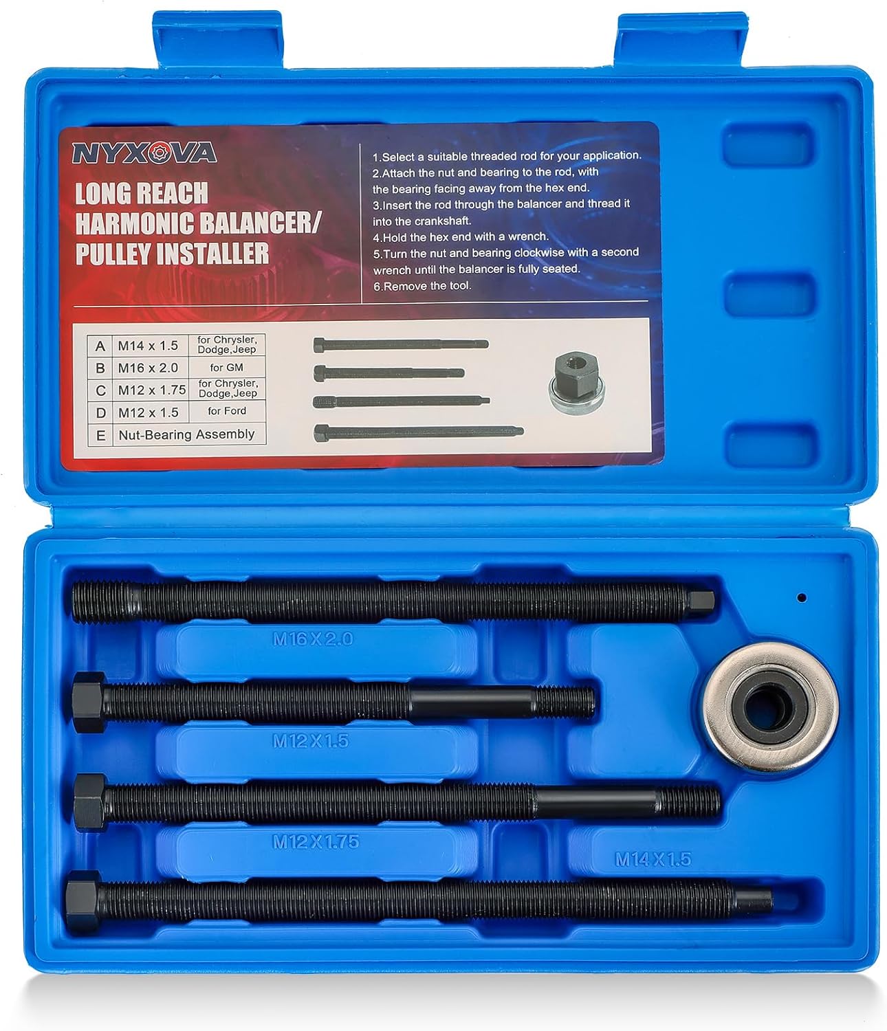 NYXOVA 5PCS Harmonic Balancer Installer Set, Long Reach Crank Pulley, Underdrive Pulley Damper Installation Tool Kit with 4 Adapters & Nut Bearing, Compatible with Ford GM Dodge V8/V6 Engines