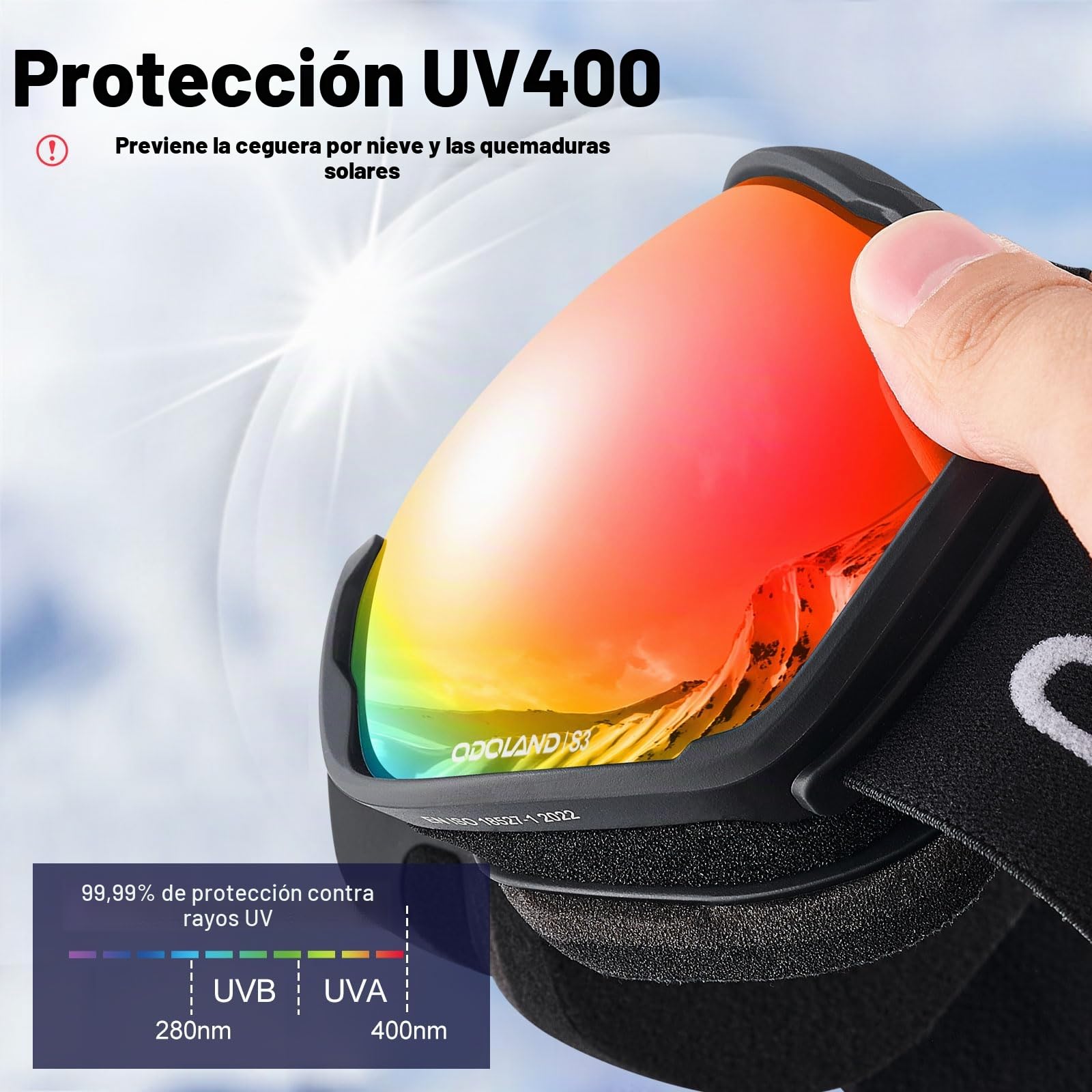 Odoland Gafas de Esquí para Adultos y Jóvenes, Gafas de Snowboard de Doble Capa - Protección UV y a Prueba de Viento, Correa Ajustable, BR