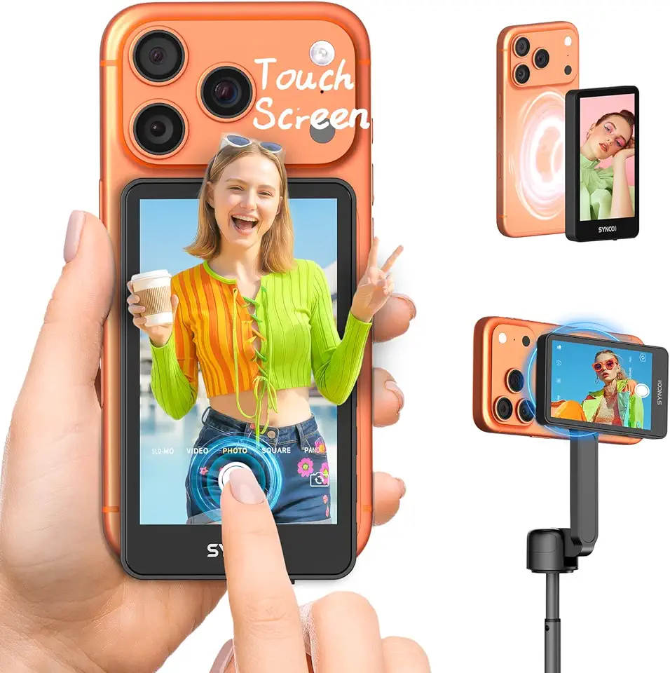SYNCO Tela Xview Selfie Monitor para iPhone 7-17 Series, Touchscreen privado seguro sem fio P2P, 4K/1080p Câmera traseira magnética Vlog Monitor com alcance de 164FT para YouTube TikTok Live Streaming