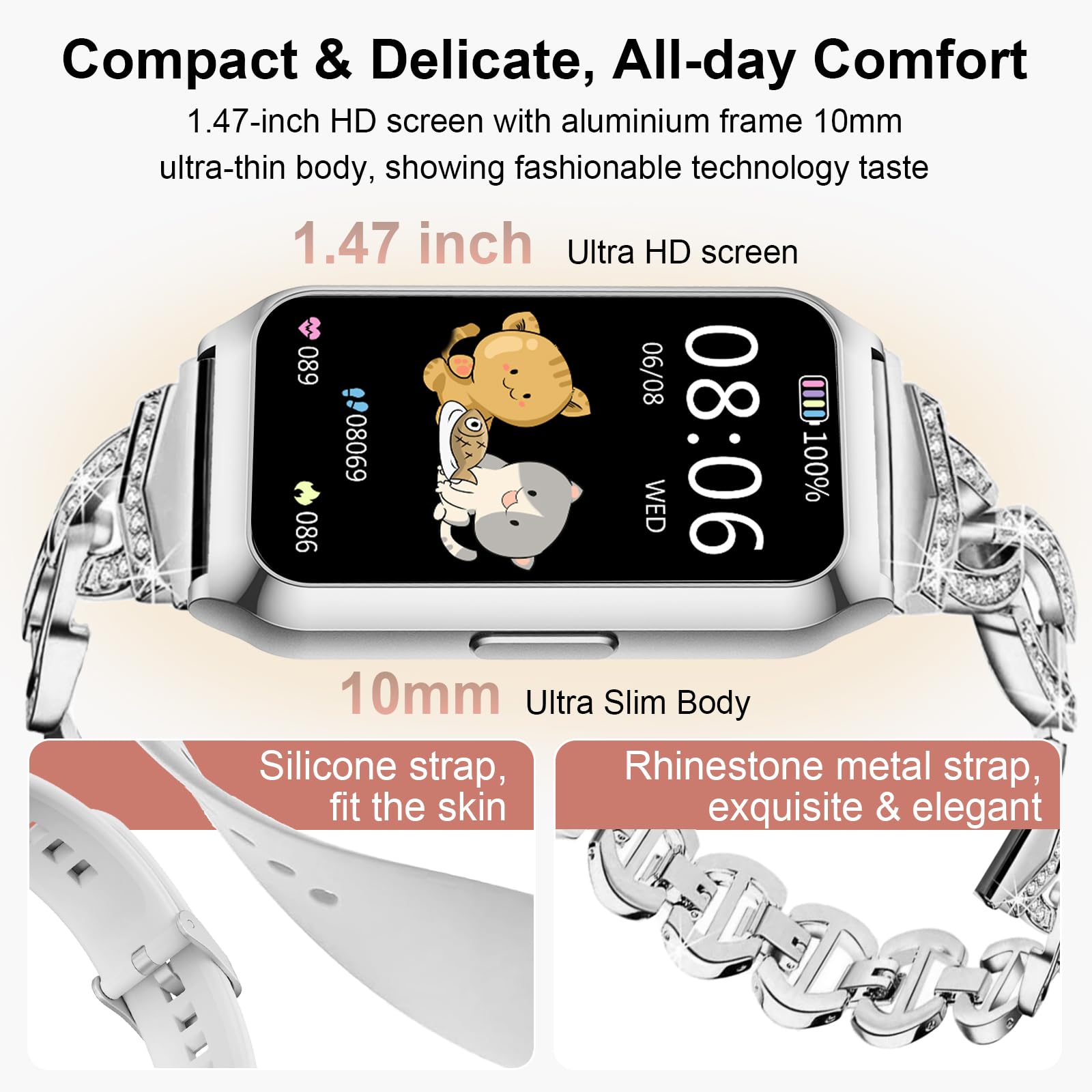 Smartwatch Damen mit Aluminiumgehäuse in Sliber, Ultra-Akkulaufzeit, 1,47 Zoll Fitness Tracker mit Pulsuhr SpO2 Schlafmonitor, 25 Sportmodi, Wasserdicht IP68 Fitnessuhr für iOS Android Phone, Silber