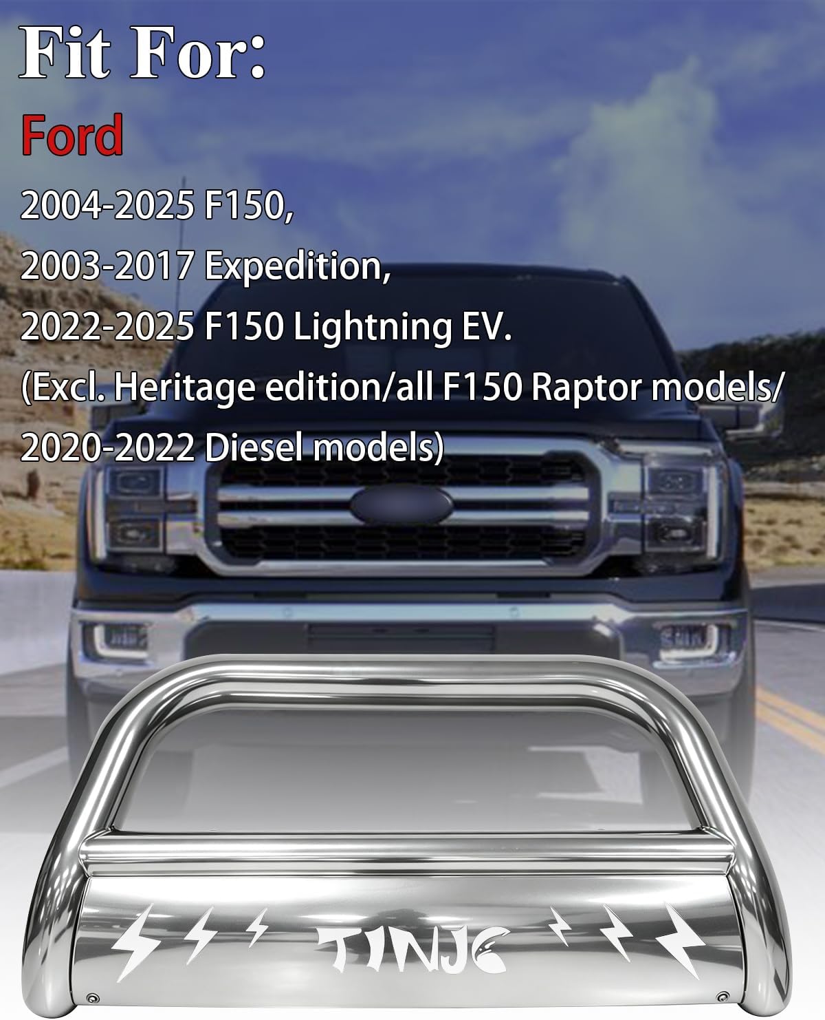 Bull Bar Front Bumper Grille Guard Fit for 2004-2025 Ford F150, 2003-2017 Ford Expedition, 2022-2025 Ford F150 Lightning EV, 3" Bull Bar Grille Stainless Steel Chrome with Removable Skid Plate, Silver