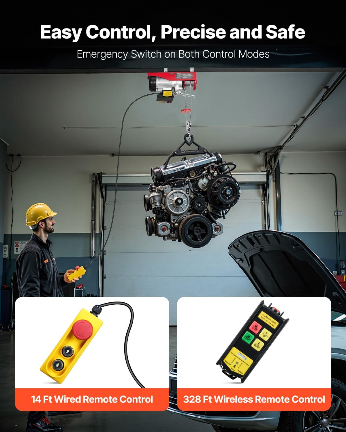 VEVOR Electric Hoist, 1320 lbs 120V Electric Winch with 328 ft Wireless & 14 ft Wired Remote Control, 40 ft Single Cable Lifting Height, Single/Double Slings, Lift Hoist for Garage Warehouse Factory 1320LBS Wireless/Wired