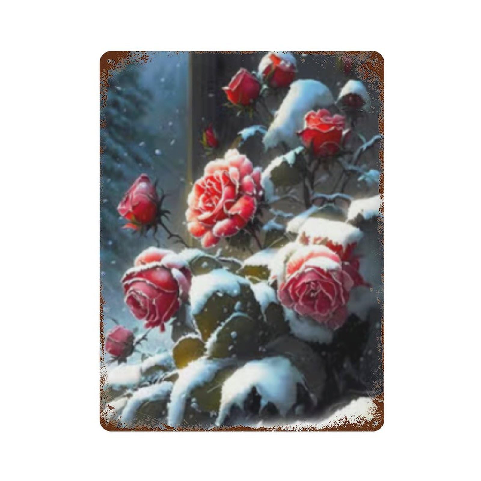 Winter Rose Garden Scene Distressed Metal Wall Sign 15.7"x11.8", for Garage, Bar And Workshop Decor, Decorative Metal Wall Art