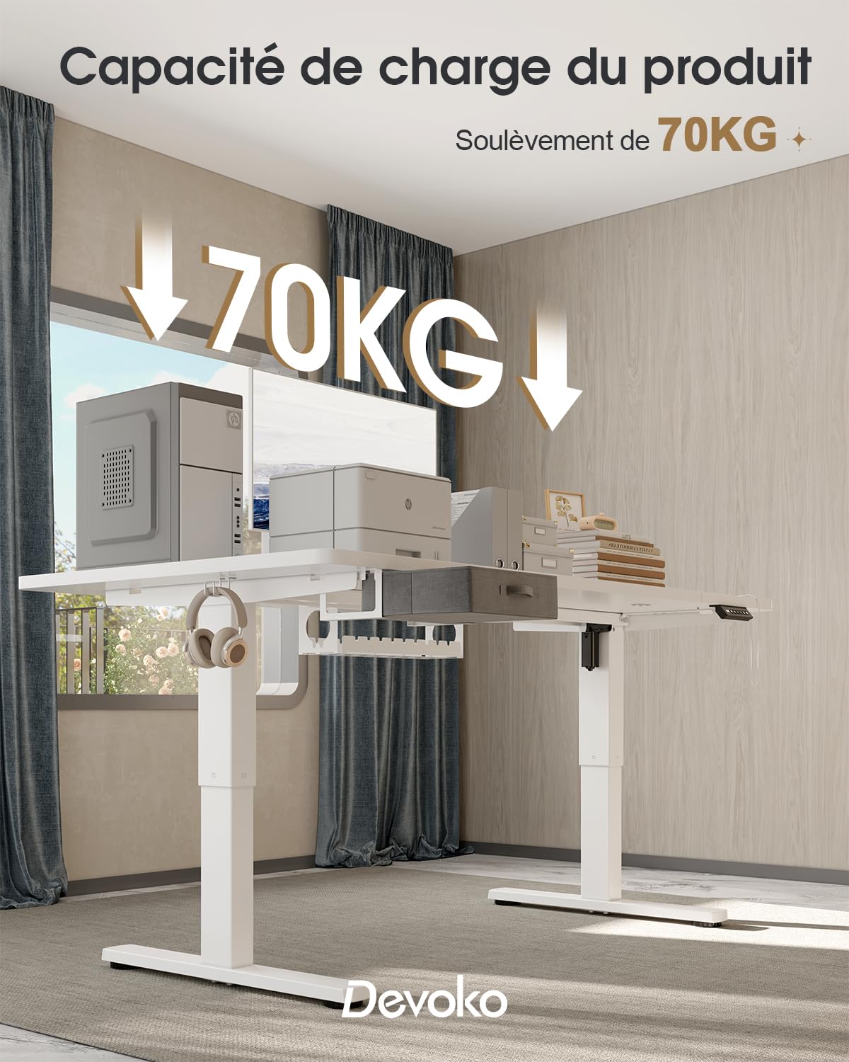 Devoko Höhenverstellbarer Schreibtisch 160x80cm, Schreibtisch Höhenverstellbarer mit Schubladen, USB-A Ladeanschluss, Computertisch mit Kabel Management Tray, Standing Desk mit 3 Memory Funktion Weiß