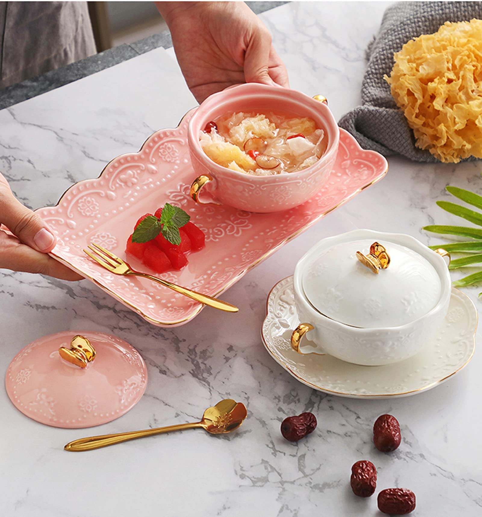 Taza De Café De Cerámica,Tazas De Café De Mamá,Cuenco Binaural De Flor En Relieve De Cerámica De Mariposa Dorada Con Tapa Tazón De Jarabe De Postre Taza De Sopa De Leche De Cereal Desayuno Tazón De Ni