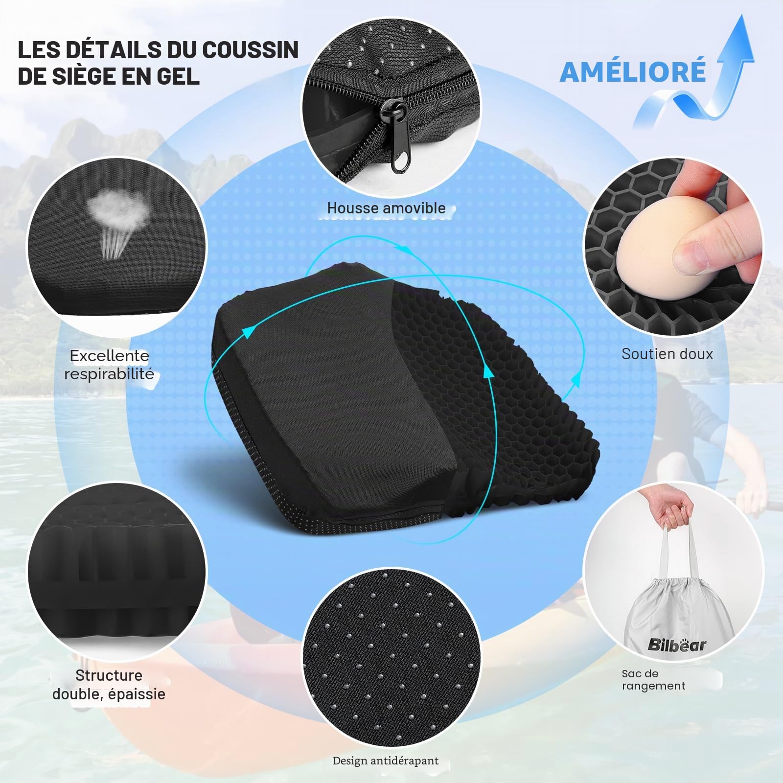 Coussin de siège en gel épais pour kayak, bateau de pagaie, soulagement de la douleur du coccyx sciatique, coussin de siège double épais pour la maison, la voiture, le fauteuil roulant, la