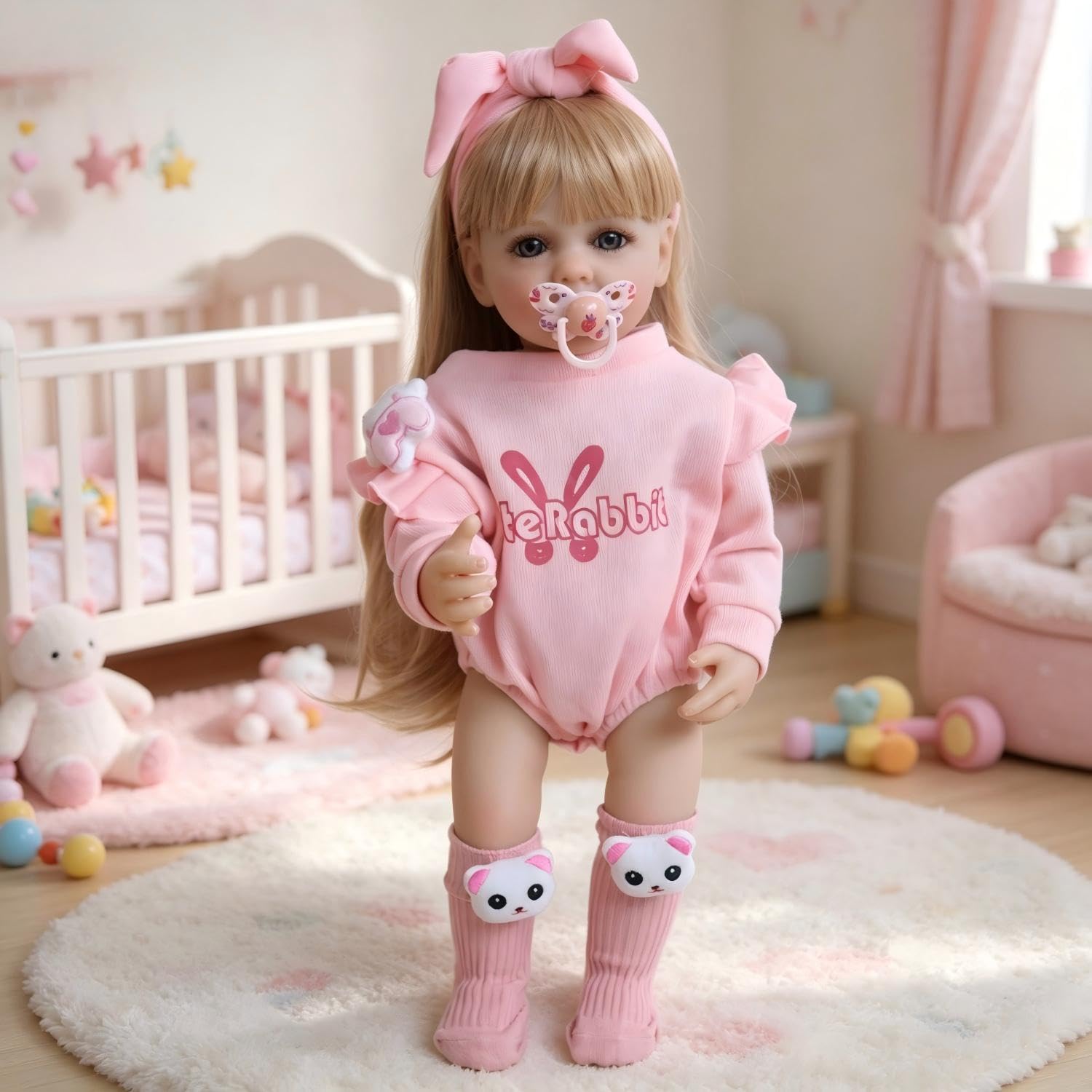 Pinky Reborn Baby Dolls Can Stand 22inch 55cm Full Body Vinyl Silicone Baby Reborn Doll Lifelike Bebe Reborn Girl Dress Up Bath Toys (Pink)