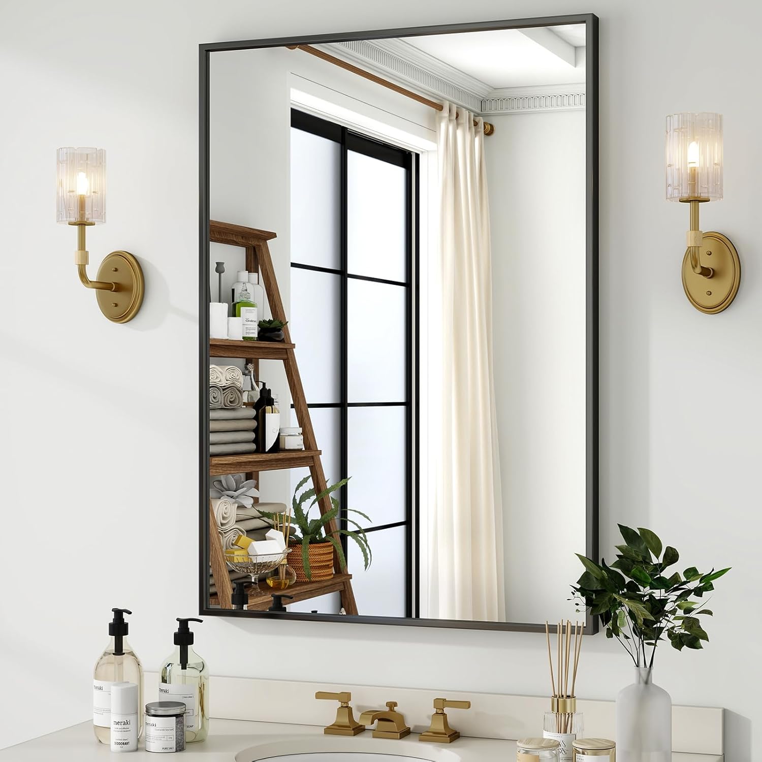 HARRITPURE 38"x26" Rectangular Bathroom Mirror Vanity Wall Mirrors Aluminium Alloy Frame Wall-Mounted for Over Sink Entryway Bedroom Living Room Black