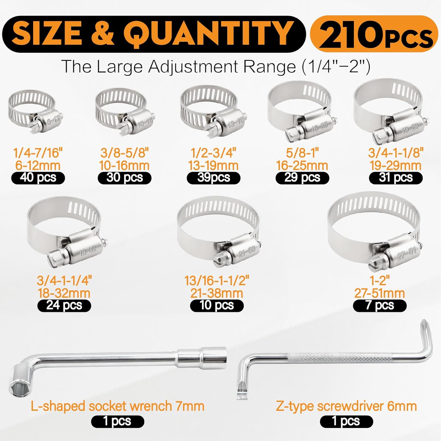 210PCS Worm Gear Hose Clamps 1/4"-2"(6-51mm) 304 Stainless Steel Assortment Adjustable Kit Heavy Duty Metal for Automotive, Fuel Line, Pipe, Radiatoe Plumbing, with Two Matching Tools