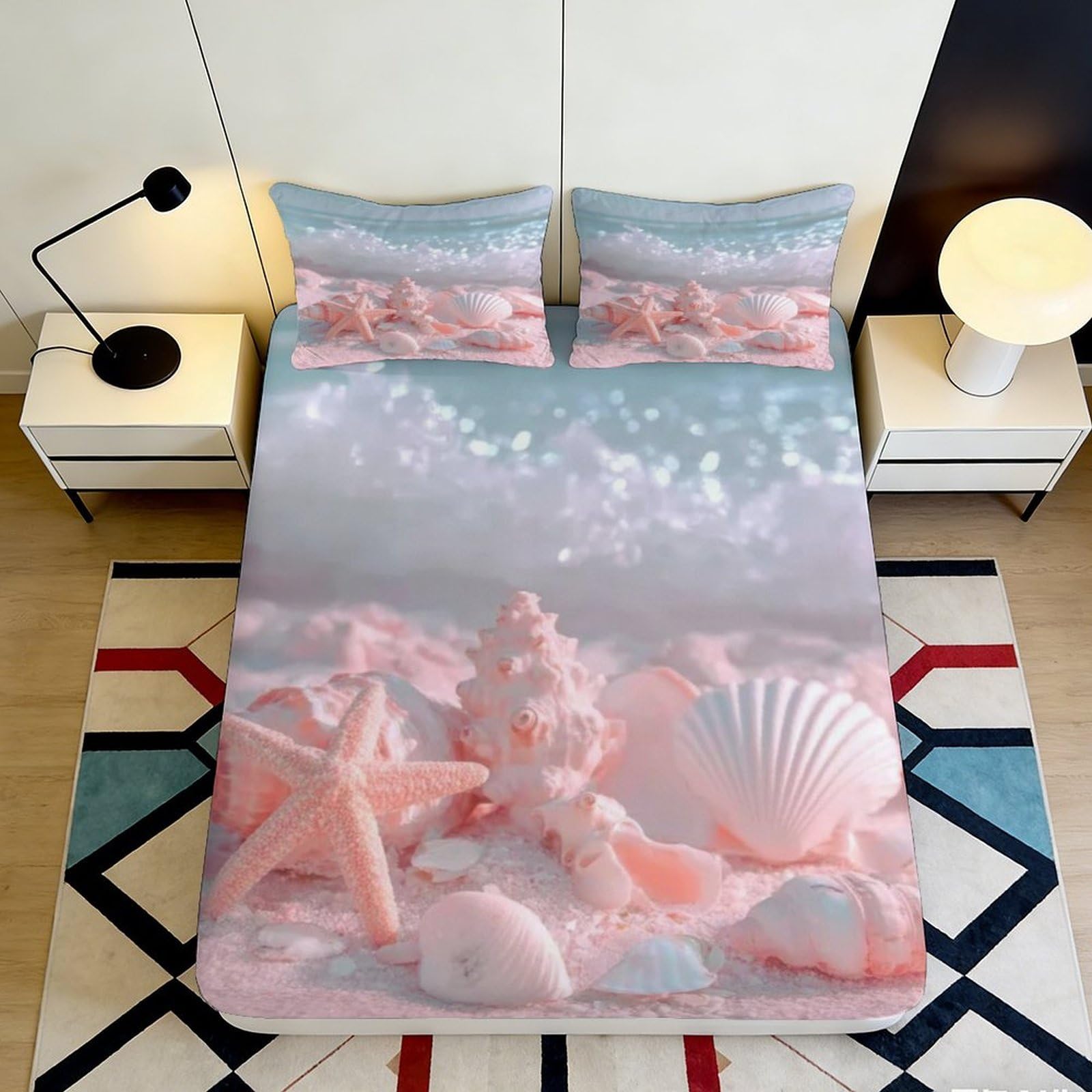 3D Printed Ocean Beach Fitted Sheet Microfiber Soft Breathable Seashell Starfish Mattress Cover for Bedroom Dorm Decor 90x200x25cm