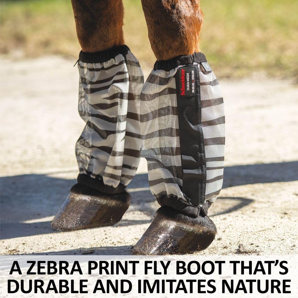 Schneiders Dura-Mesh II Non-Fitted Zebra Horse Fly Boots | Set of 4 | Fly Confusion Design | 70% UV Protection | Durable & Comfortable | Color Zebra | Size Horse (14" Tall)